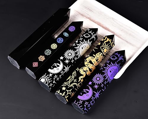 Miniatura 5 de AMOYSTONE Torre de obelisco de obsidiana negra, gran punto de varita de cristal curativo, 6 facetas Reiki Chakra Meditación Terapia Grabado 7