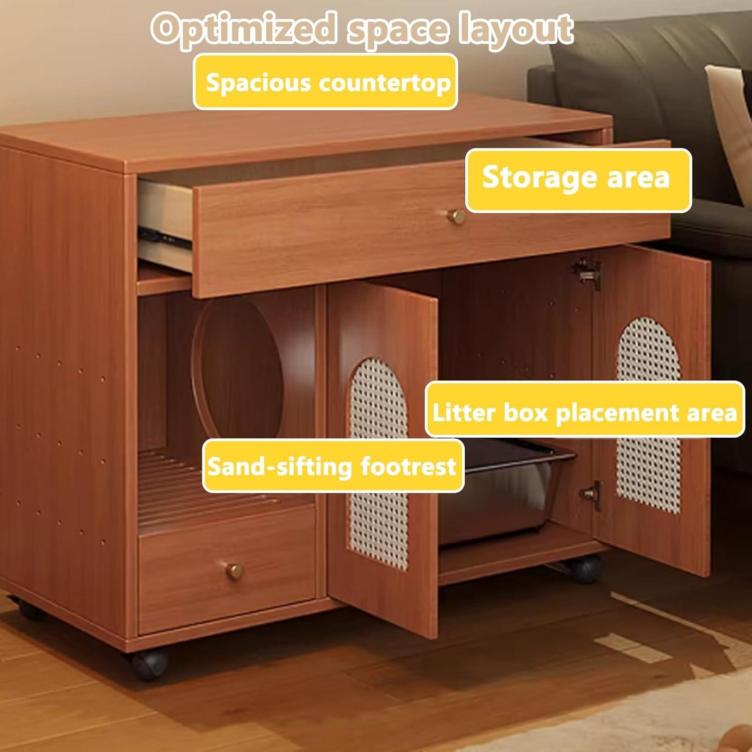 Large Cat Litter Box Enclosure, Hidden Litter Box Furniture with Drawers, Hidden Litters Boxs and Lounge Villa for Indoor Cats, for Living Room(Natural)