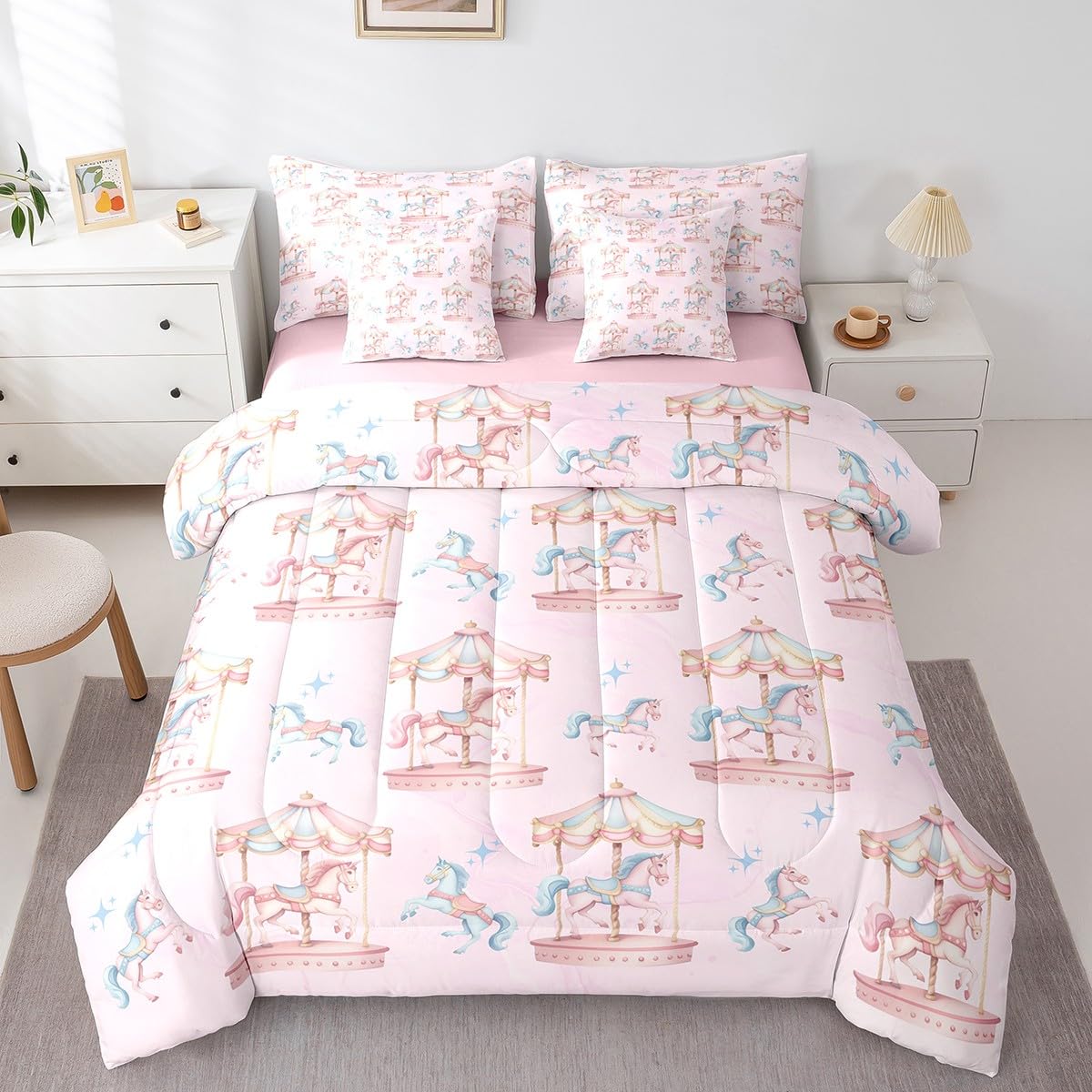 Parure de lit licorne couette drap-housse taies d'oreiller bleu rose lit jumeau 7 pièces
