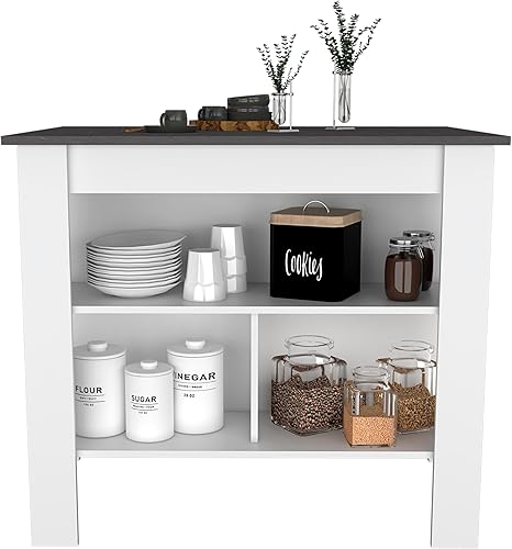 Miniatura 5 de Tuhome Cala Isla de cocina con mesa antimicrobiana, tres estantes abiertos, superficie de visualización superior y estación de trabajo de asiento,