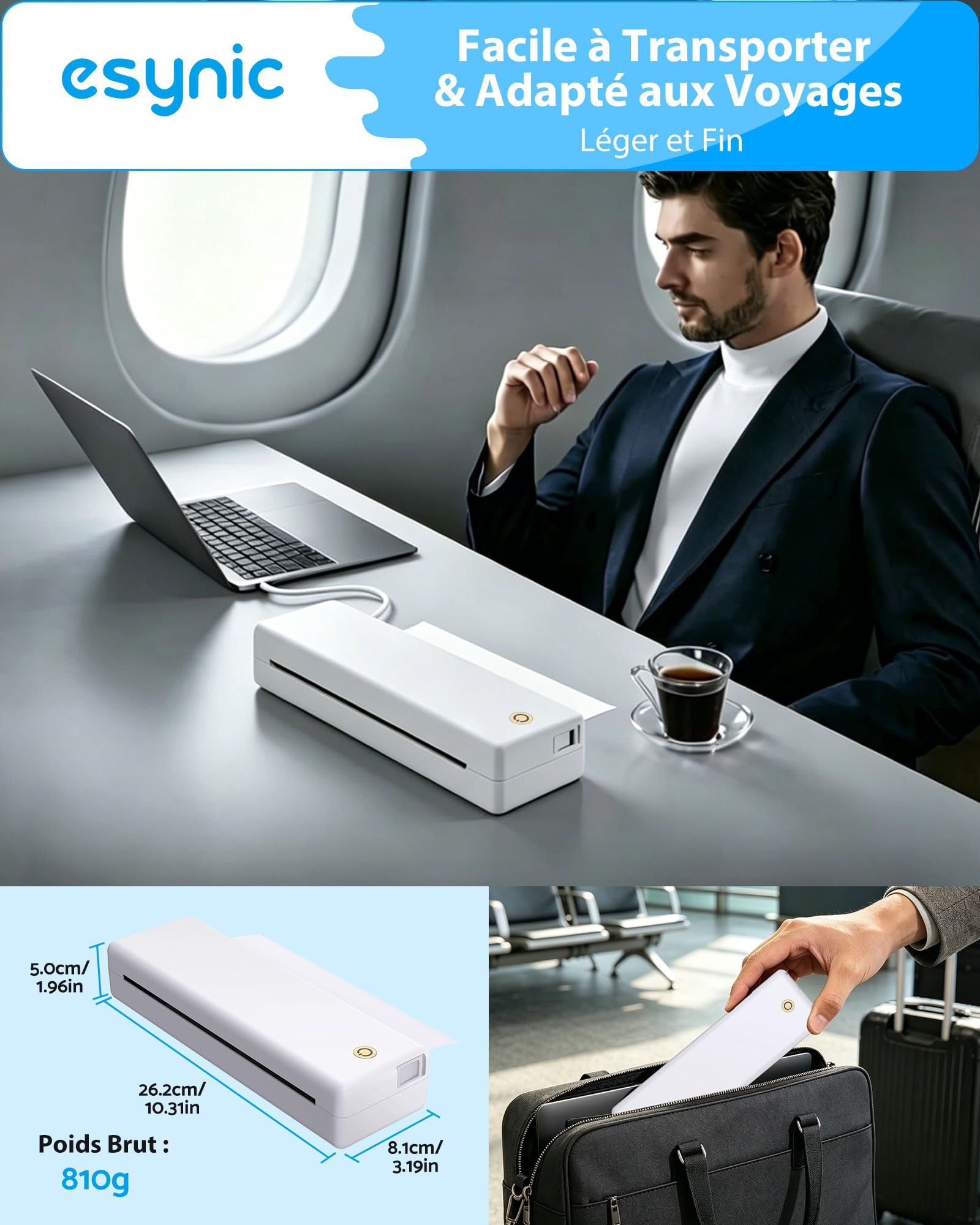 eSynic Imprimante Thermique Portable A4 Bluetooth USB Compatible iOS Android Windows MacOS