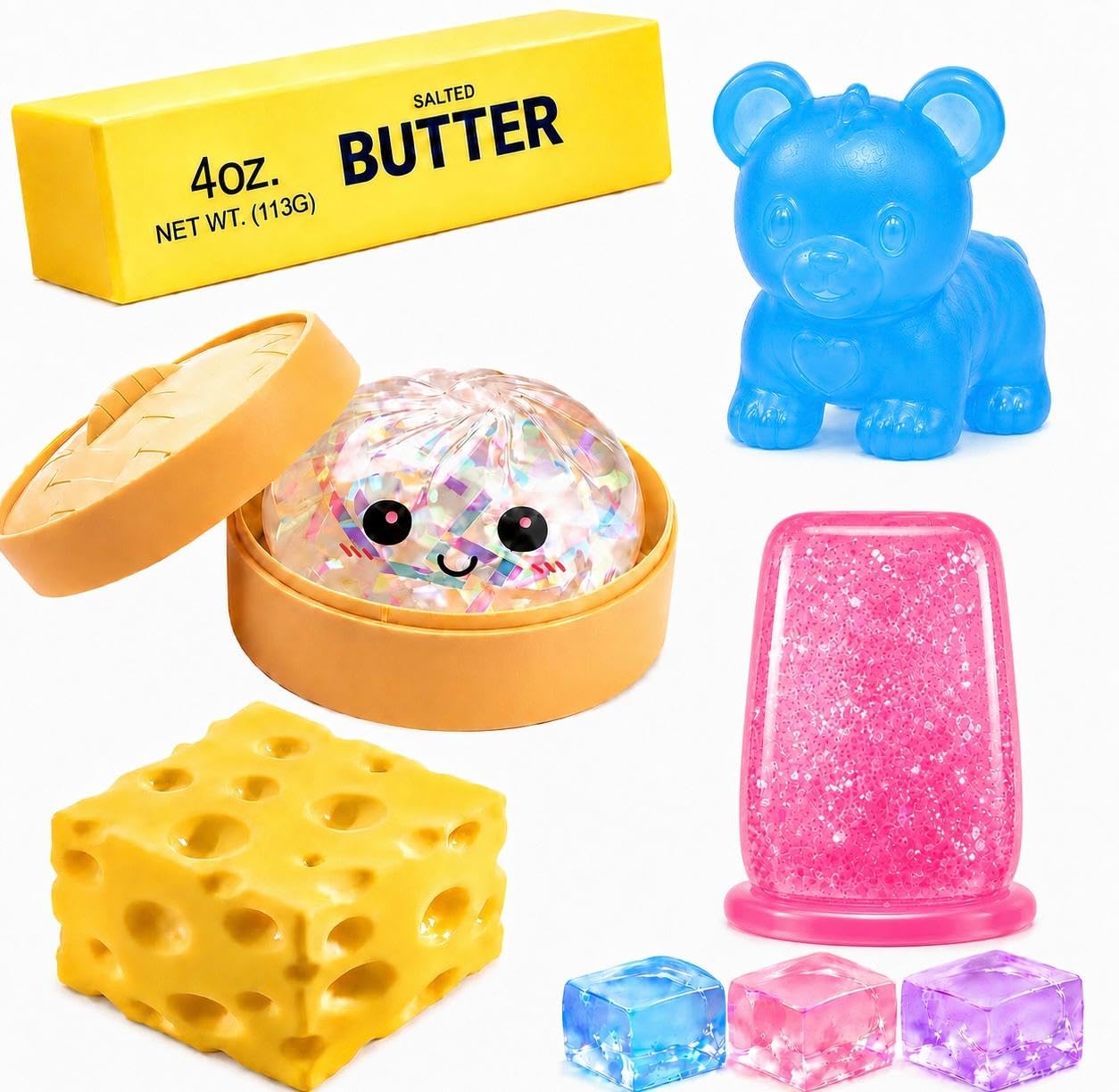 8 PCS Squishy Pack, Cute Animal, Butter, Cheese, Water, Dumpling & Jelly Dice. Soft Slow Rising Stress Relief Fidget Toys Gift Set
