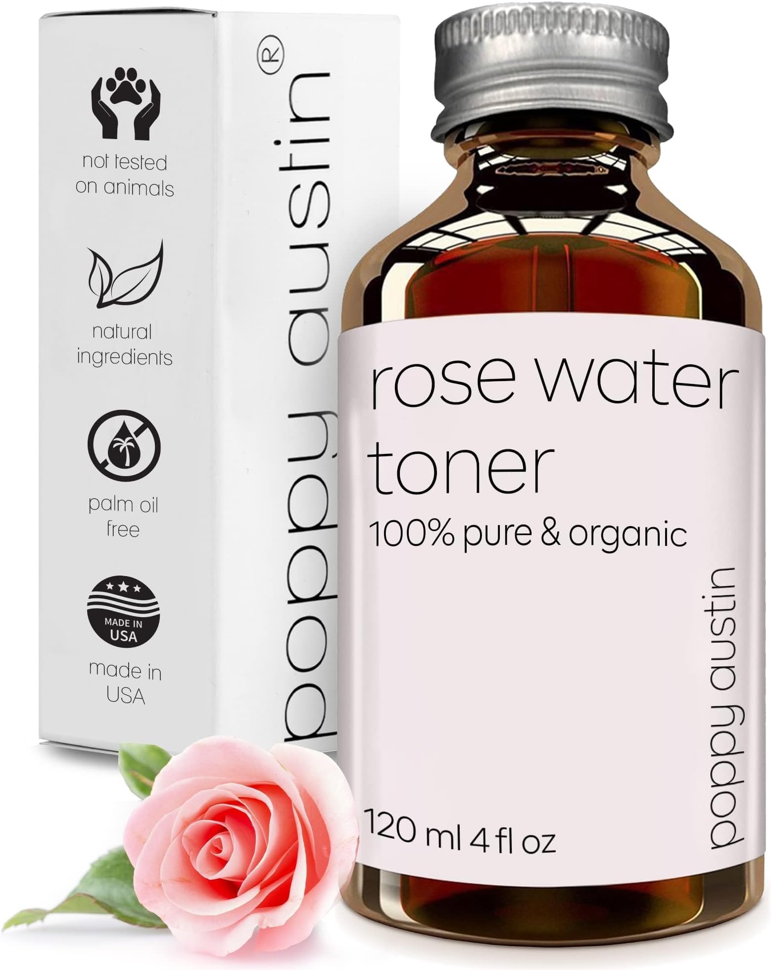 Poppy Austin Pure Rose Water Facial Toner by - Vegan, Cruelty-Free, Organic, Hand Made & Responsibly Sourced Skin Toner - Finest, Triple Purified Moroccan Rosewater