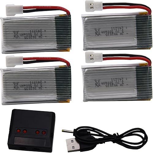 Blomiky Paquete de 4 baterías y cargador Lipo de 3.7 V 500 mAh 1.85 Wh 25C MX2..0 Enchufe Lipo y cargador adecuado para Syma X5C X5 RC Quadcopter