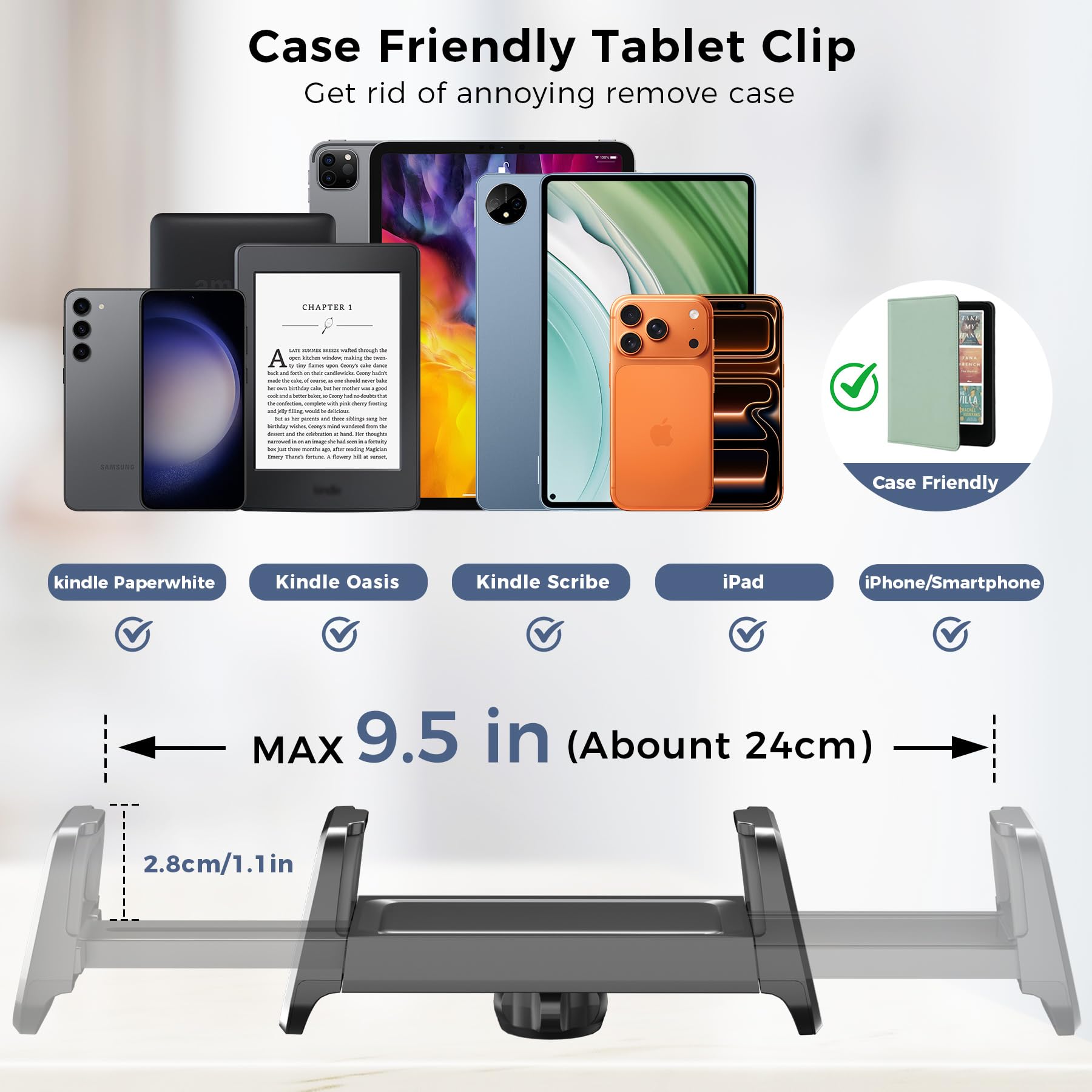 [Compatible con fundas] Soporte largo para Kindle con control remoto para girar páginas, soporte para tablet de cuello de cisne para leer en la cama con clic, accesorios para lector electrónico