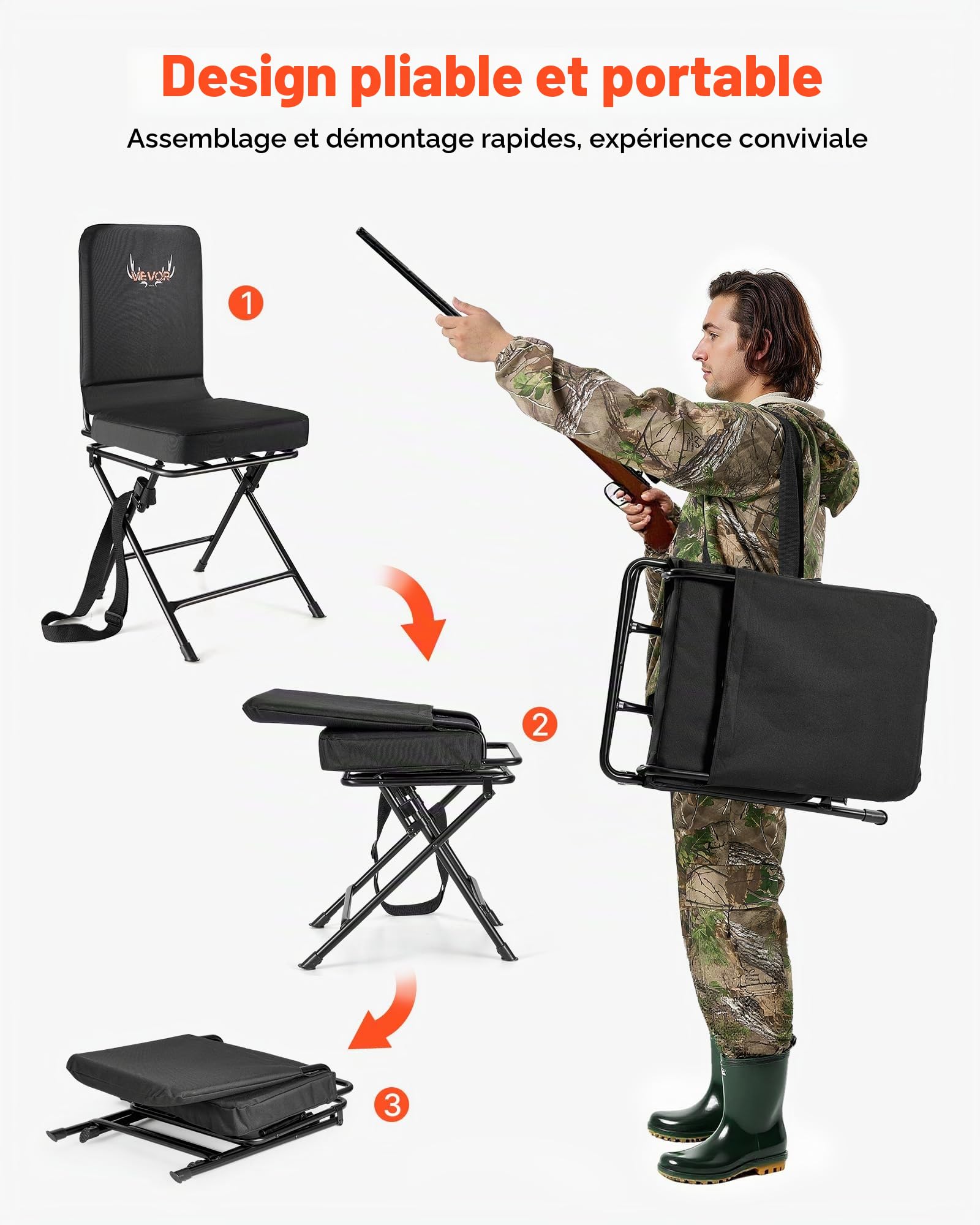 VEVOR Chaise de Chasse Pivotante à 360°, Siège de Chasse Pliable, Portable et Silencieux, Cadre en Acier Robuste avec Bandoulière Réglable, Capacité de Charge de 136 kg, pour Pêche et Camping