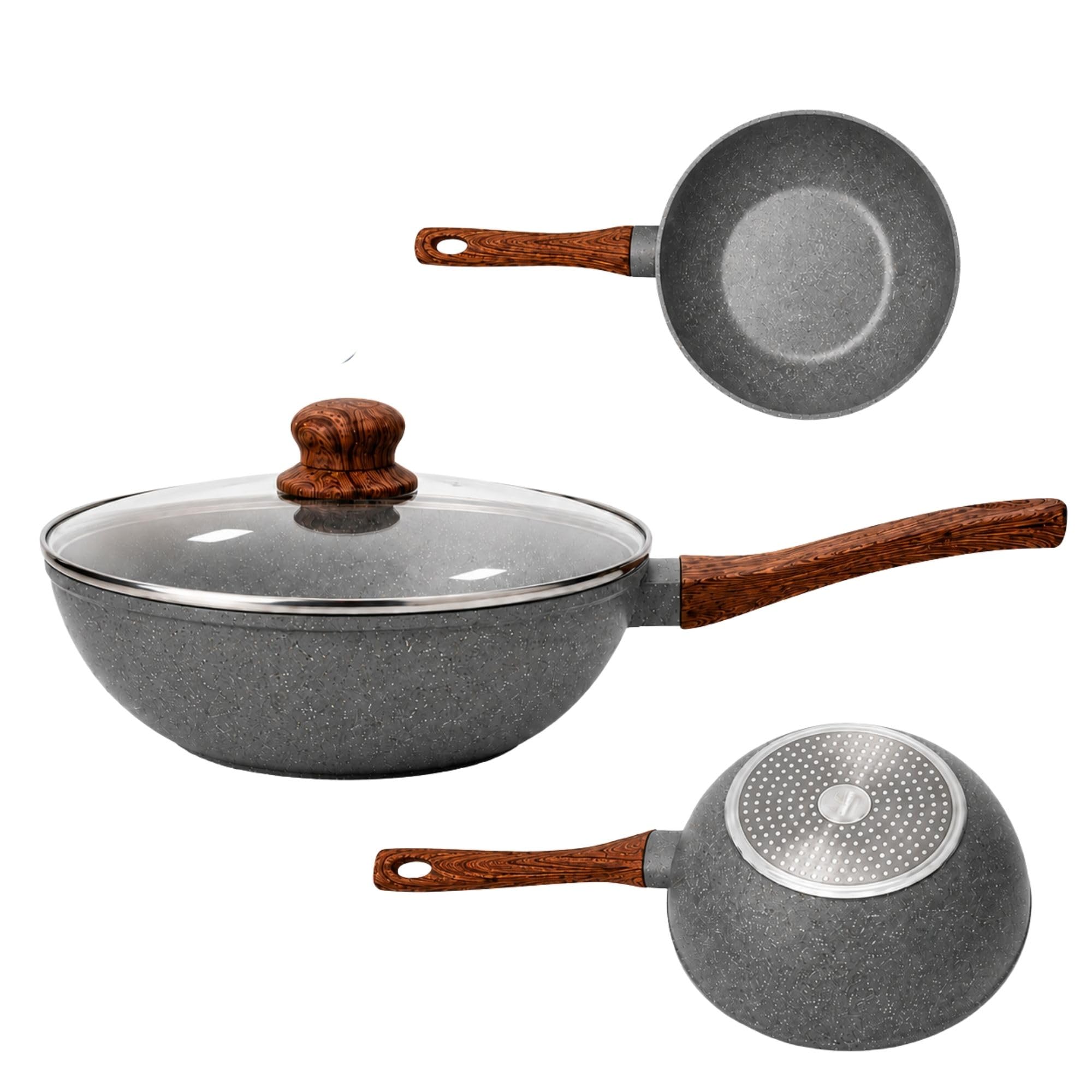 Frigideira Antiaderente Wok Em Cerâmica Grande Com Tampa Em Vidro Para Fogão De Indução E