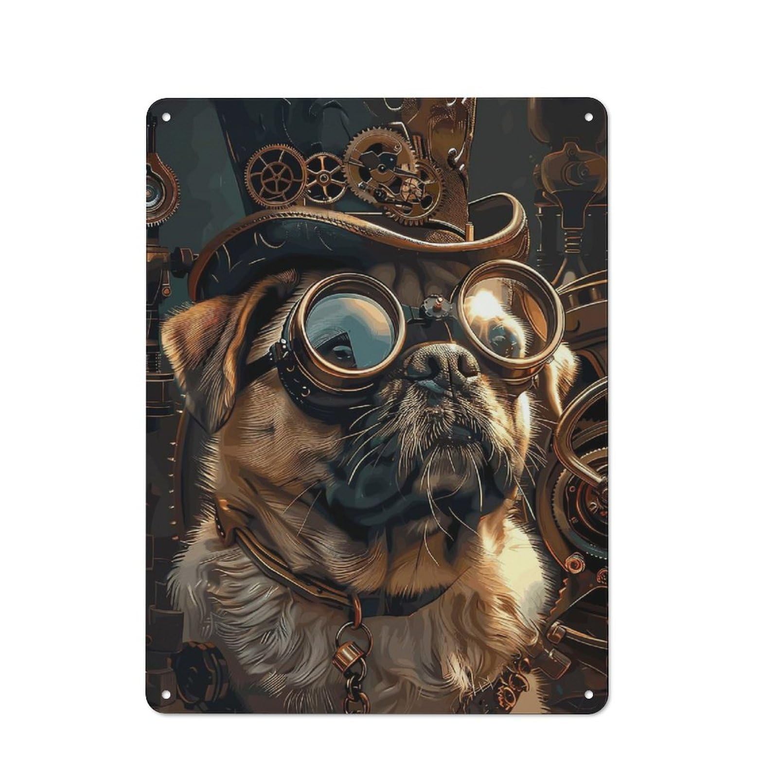 Junmoney Steampunk Pug Dog Vintage Tin Sign 40X30cm For Garden Room Or Summerhouse, For A Newly Organised Room And Metal Sign Display