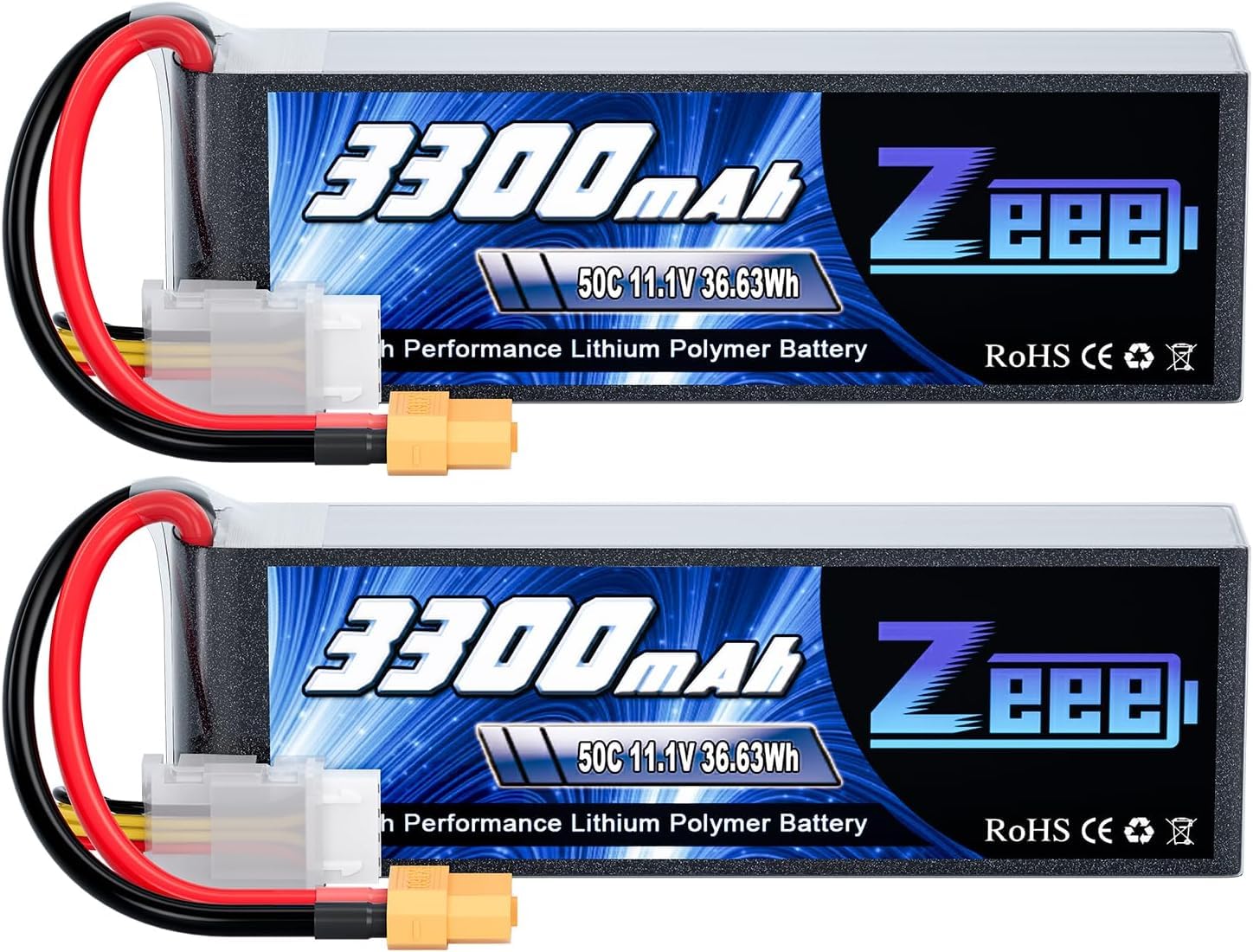 Zeee 3S Lipo 3300mAh 11,1V 50C Batería RC con Conector XT60 para Coche RC, avión RC, helicóptero RC, pasatiempo RC (2 Piezas)