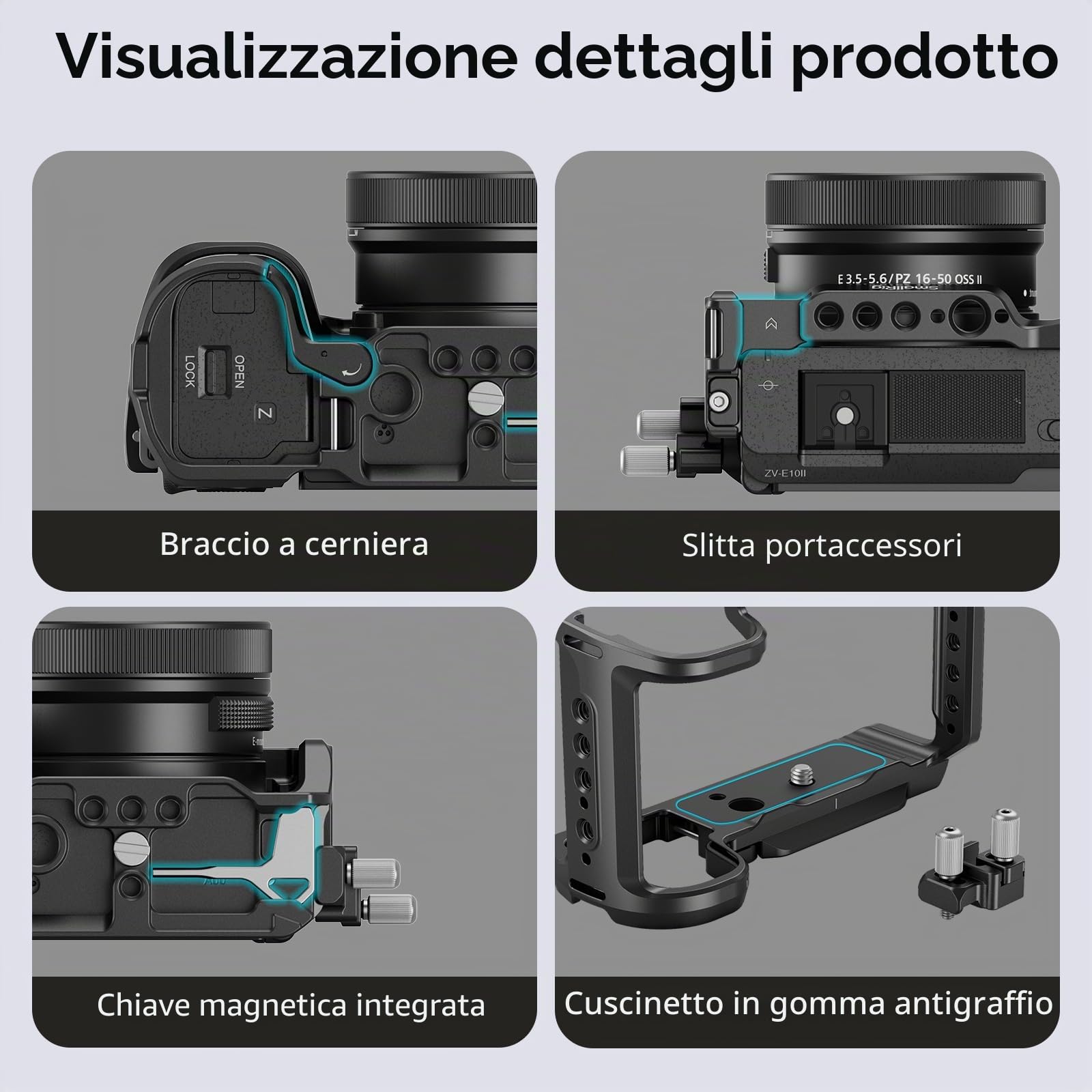 SMALLRIG ZV-E10 II Cage Kit per Sony Alpha ZV-E10 II con Morsetto per Cavi per HDMI, Accesso Completo, Piastra a Sgancio Rapido Integrata per Arca, Foro di Posizionamento da 3/8"-16 per ARRI - 4867