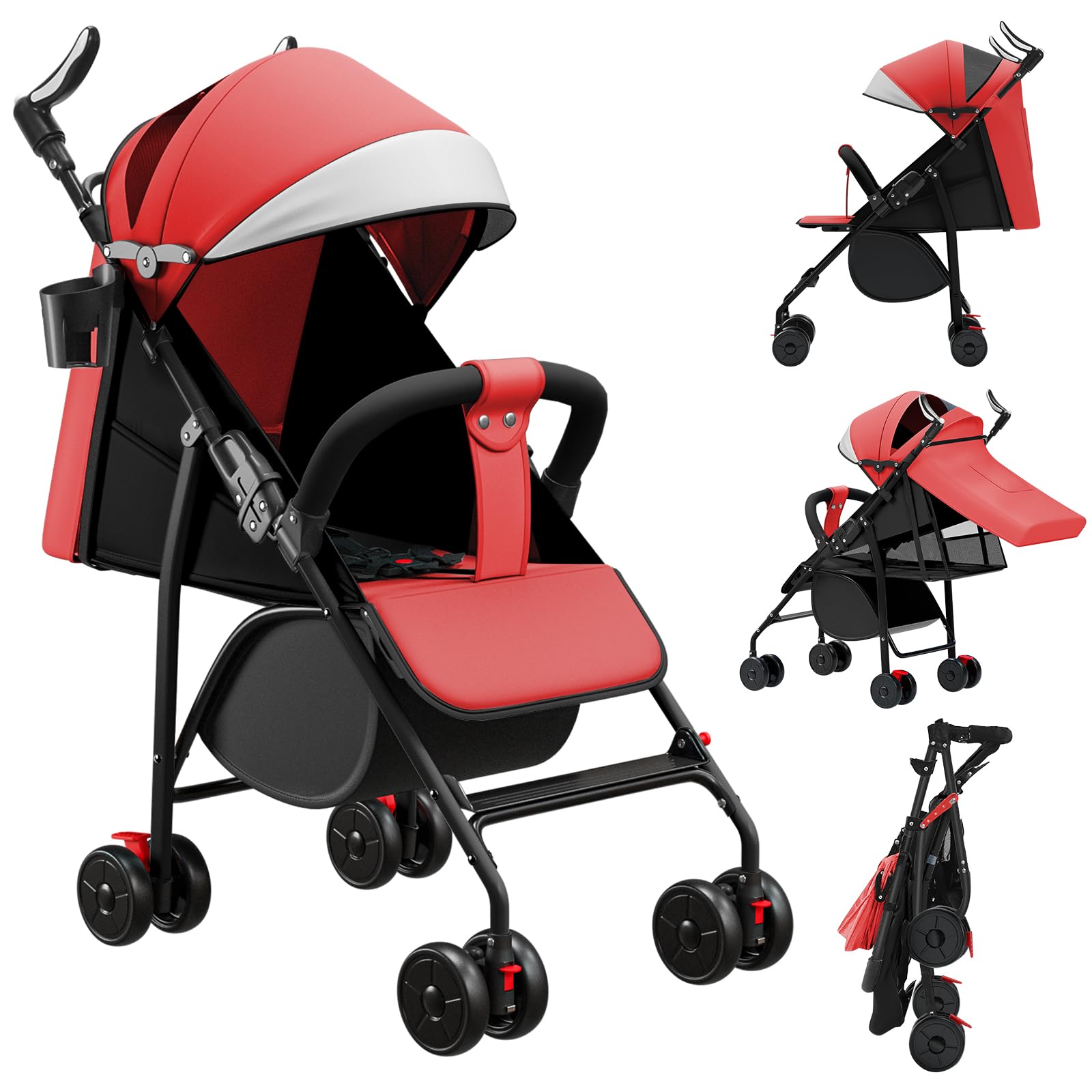 OHMG Passeggino per bambini da 0 a 4 anni, 0 a 22 kg, 3 posizioni di riposo, posizione piatta, pieghevole, con tracolla, imbracatura a 5 punti, cestino, freno a pedale