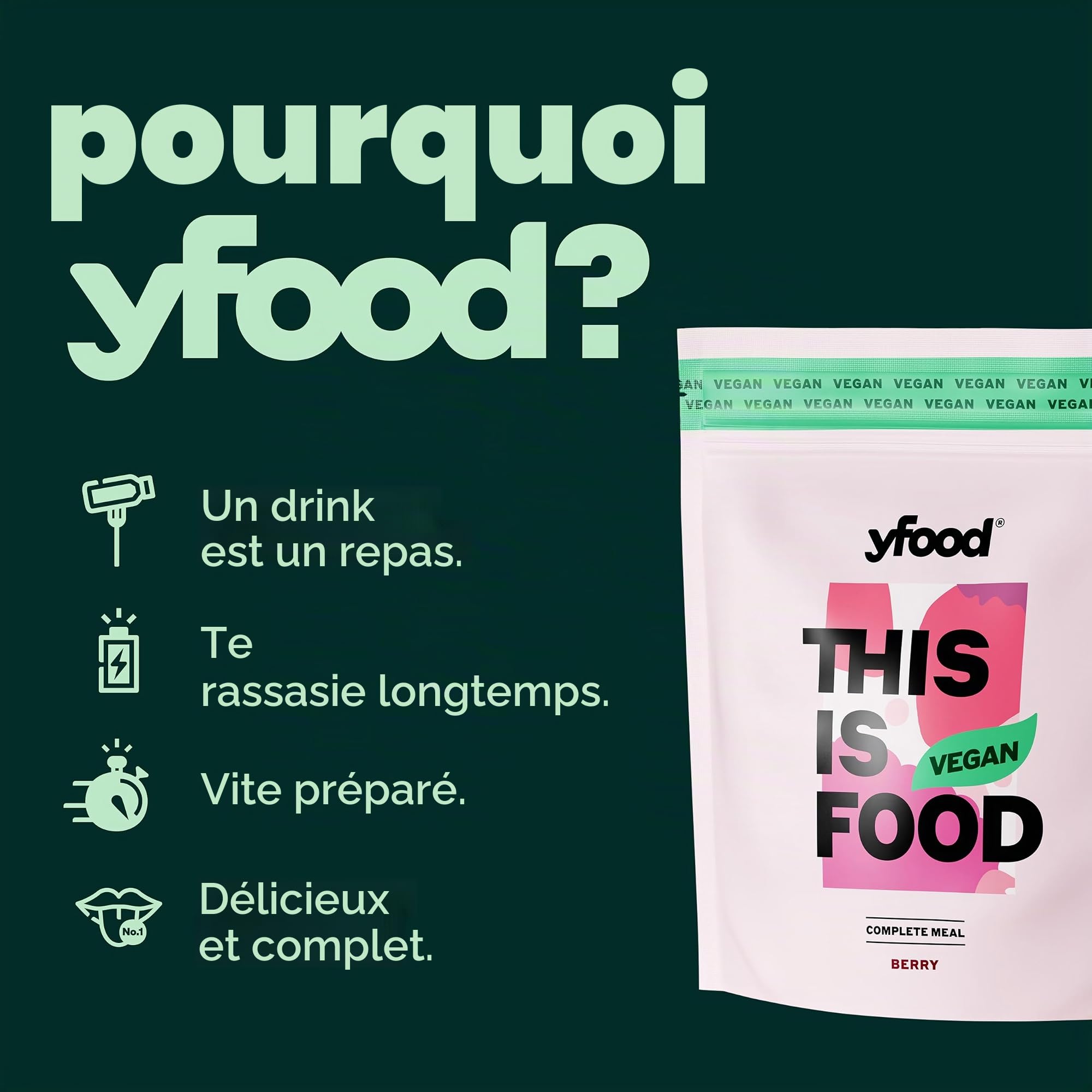 yfood Poudre végétalienne Berry, délicieux repas à boire pour les déplacements, en poudre, 25 g de protéines, 12 repas, 26 vitamines et minéraux, goût baie (végétalien)
