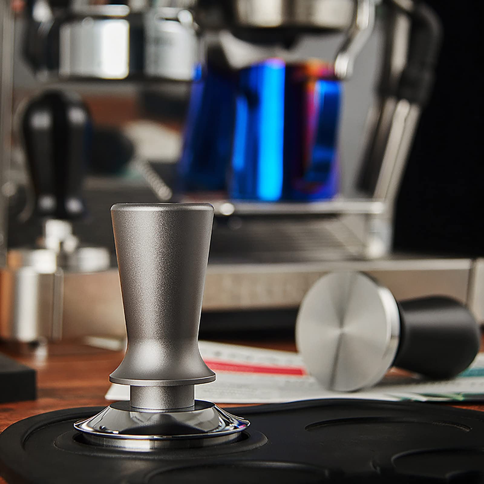 Café Tamper Presiona elástica Café de café primavera presión constante acero inoxidable Espresso Prensador(Schwarz,58mm)