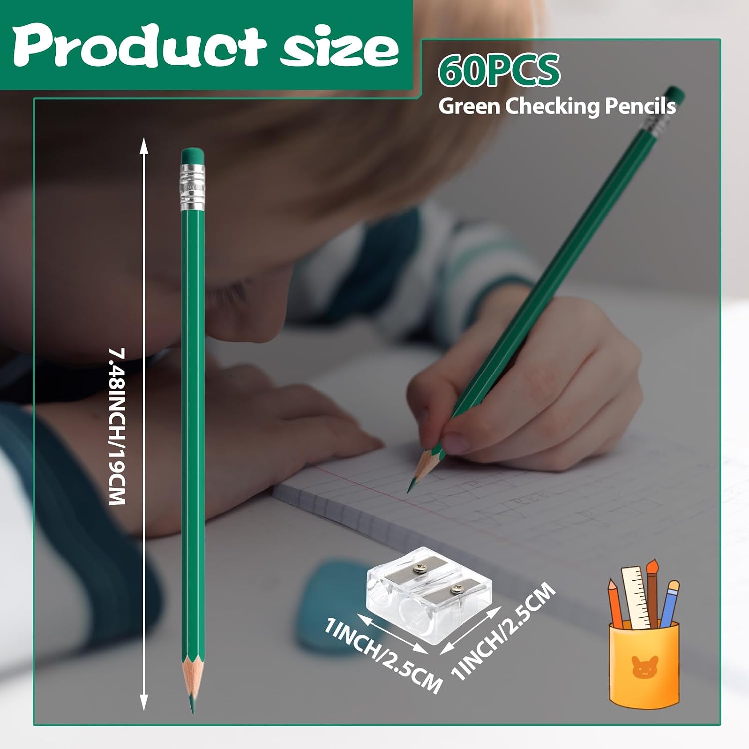 60 PCS Green Pencils Erasable Colored Pencils with Eraser Pre-Sharpened 2 HB for Checking, Grading, Tests & Office/School Supplies (Green) image 2