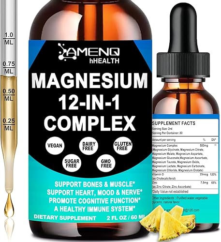 Gotas Líquidas de Suplemento de Magnesio 12 en 1 Complejo Líquido de Magnesio con Glicinato Citrato Malato Taurato Óxido Aspartato Orotato, Magnesio
