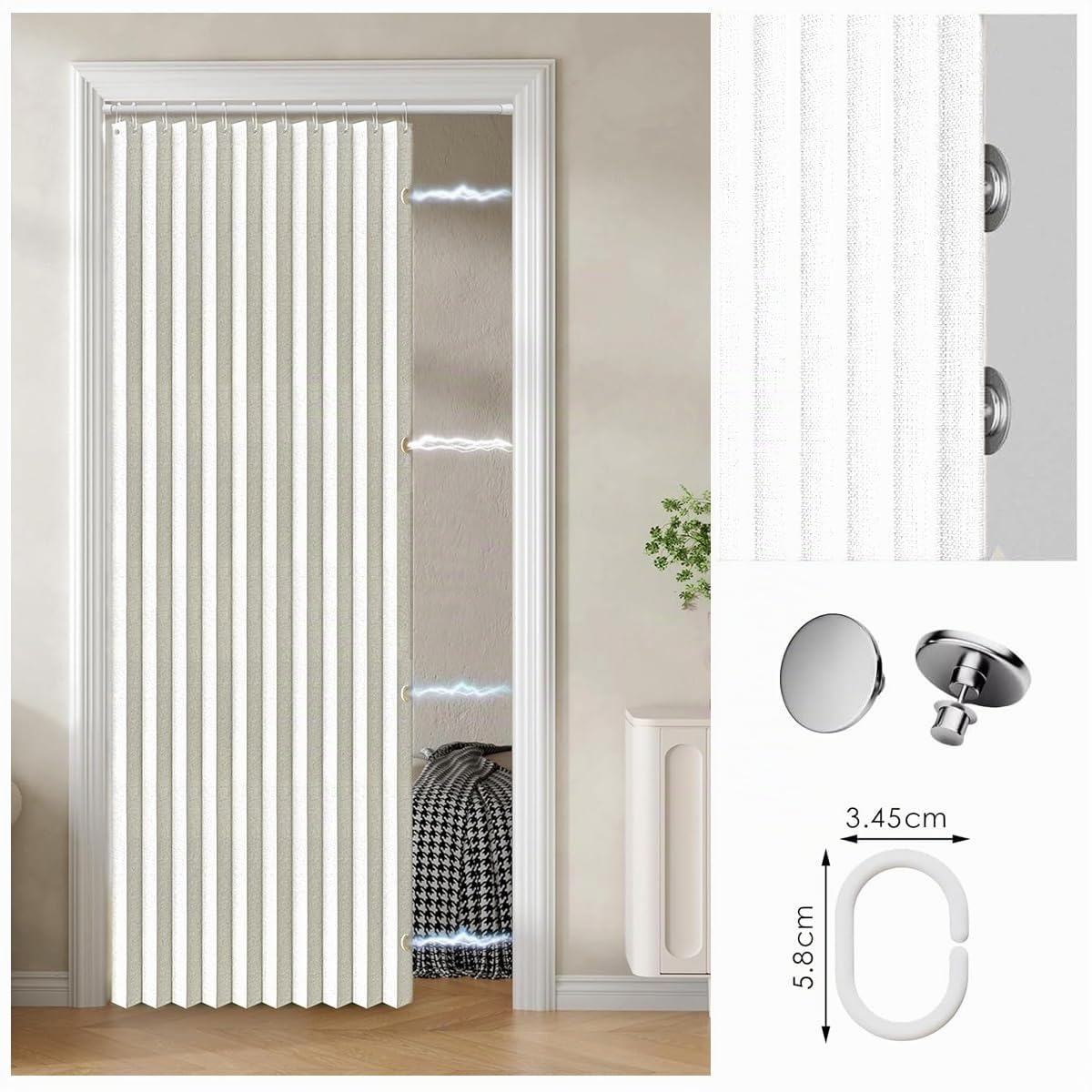 Cortinas de Puerta magnéticas Invisibles, Plegables y diseñadas a Medida, adecuadas para divisiones de Habitaciones.-White- W180xH200cm