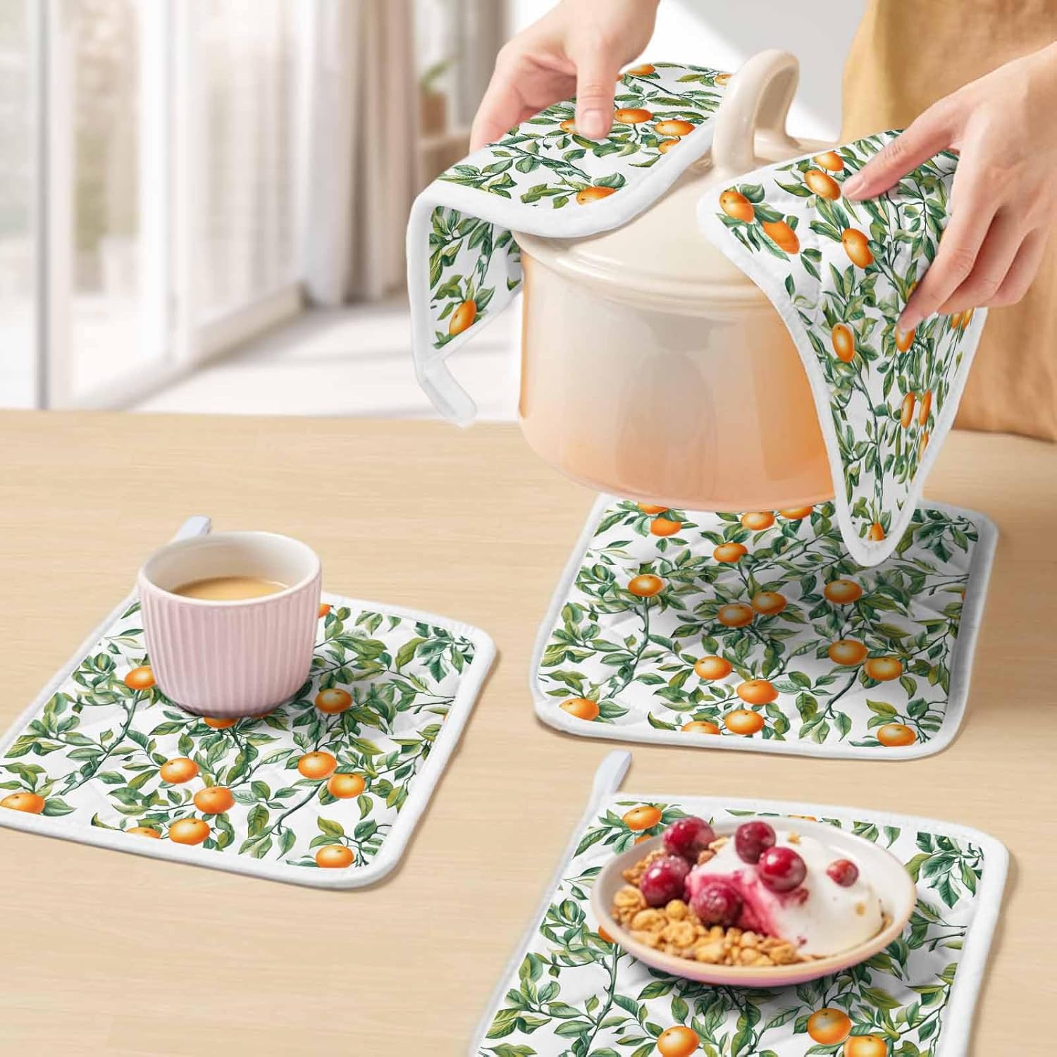 5 Pack Pot Holders for Kitchen, Green Leaves Orange Hot Pads for Kitchen Countertops Oven Pot Holder Bulk, Summer Farmhouse Botanical Heat Insulation Potholders with Hanging Loops