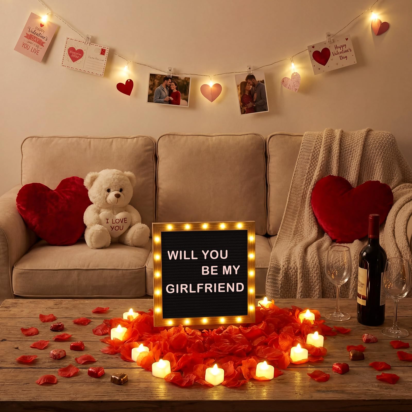 Ceenna Letrero romántico con texto en inglés "Will You Be My Girlfriend" con tablero de fieltro LED de 25,4 x 25,4 cm, letrero de madera de fieltro para fotos, cadena de luces, pétalos de rosa