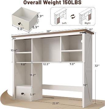 EnHomee Farmhouse Desk Shelf, Adjustable Shelf with LED for Dorm & Office | Students & Remote Workers, Drawer & 8 Shelves, Adjustable Organizes Desktop