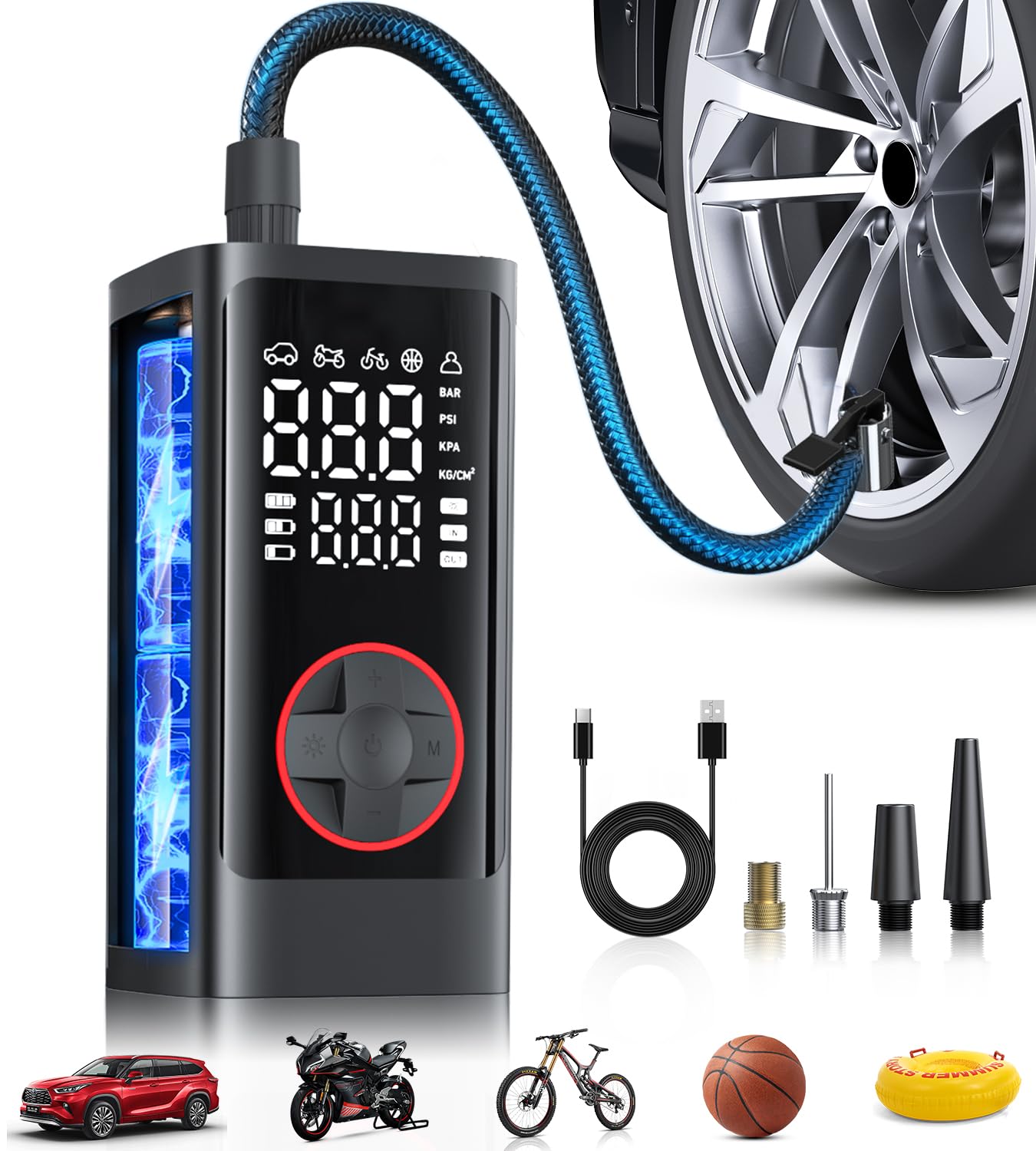 Tire Inflator Portable Air Compressor, 150PSI Cordless Air Pump for Car Tires, Bike Tire Pump with Pressure Gauge, Auto Shut Off, LED Light for Car Motorcycle Bicycle
