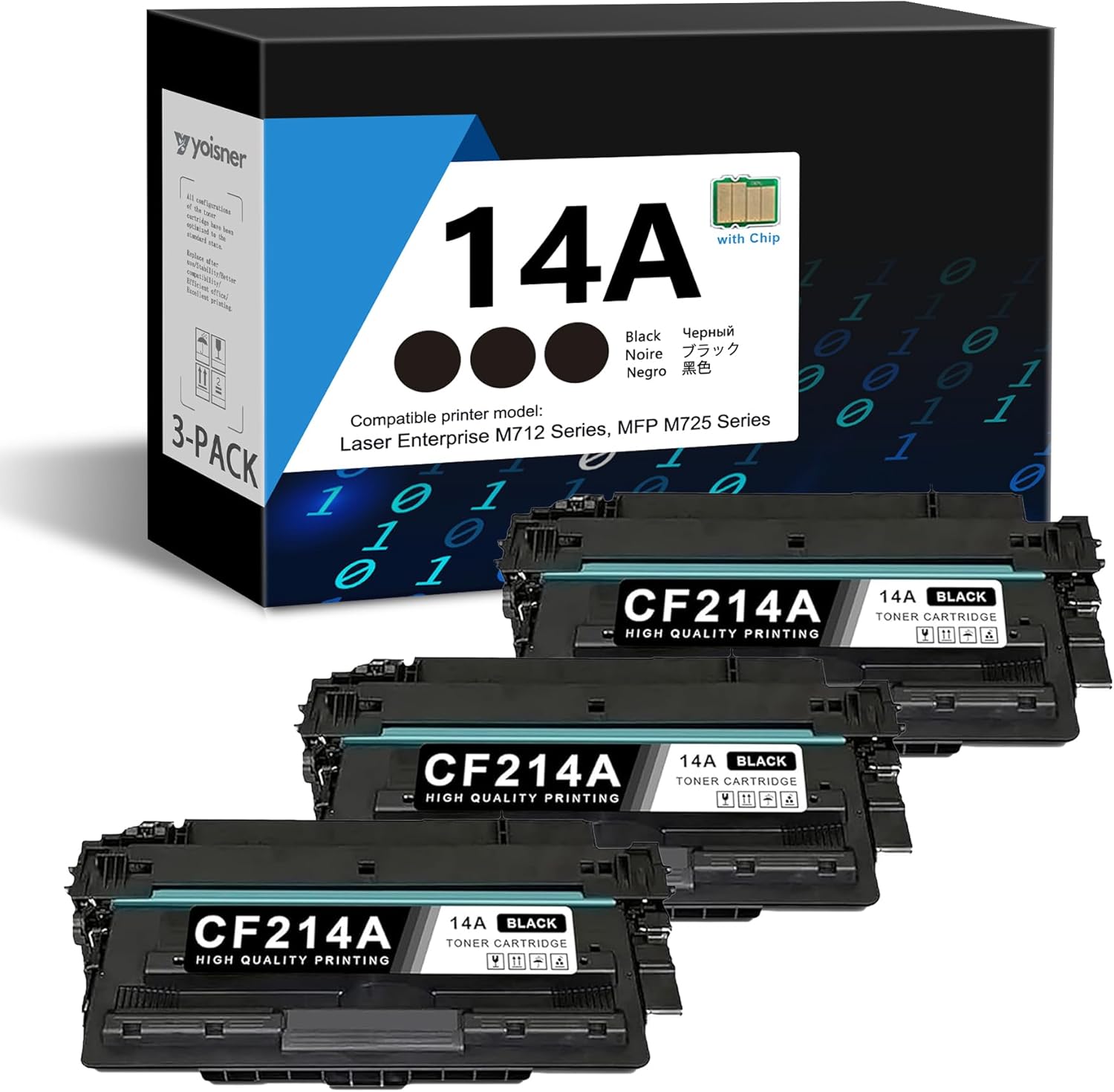 CF214A 14A Black Toner Cartridge 3-Pack with Installed CHIP, 14A Toner Replacement for HP 14A CF214A 14X CF214X Works with Laser Enterprise MFP M725 Series, Laser Enterprise M712 Series Printer