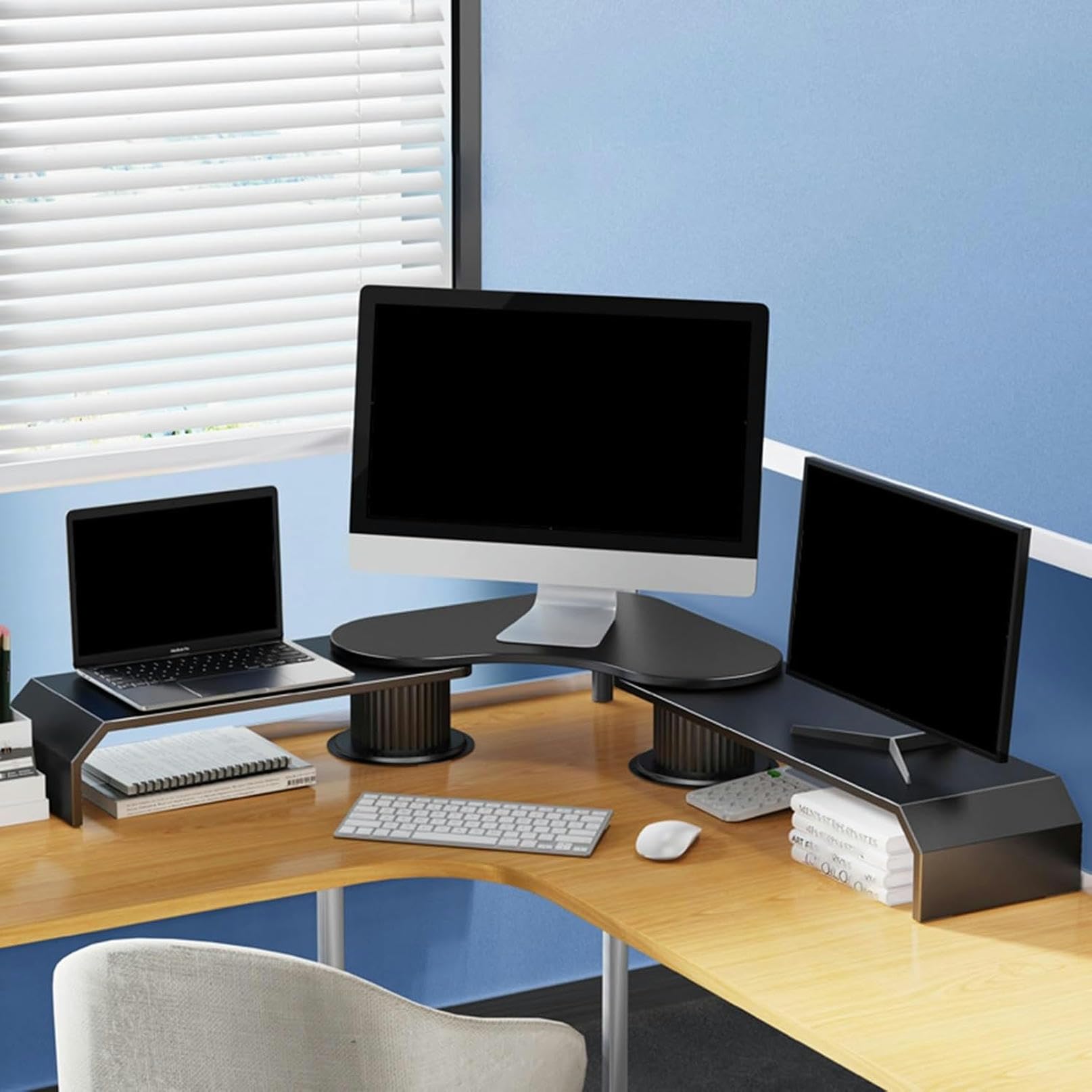Supporto per Monitor angolare per 3 schermi, Supporto per Monitor angolare per Computer, Organizer da scrivania Regolabile, Rotazione di 270°, Supporto angolare in Metallo per Laptop.