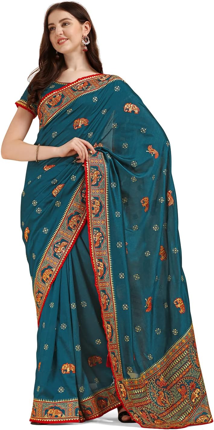 TreegoArt FashionWomen's Vichitra Silk Embroidered Party Wear Saree With Unstitched Blouse Piece