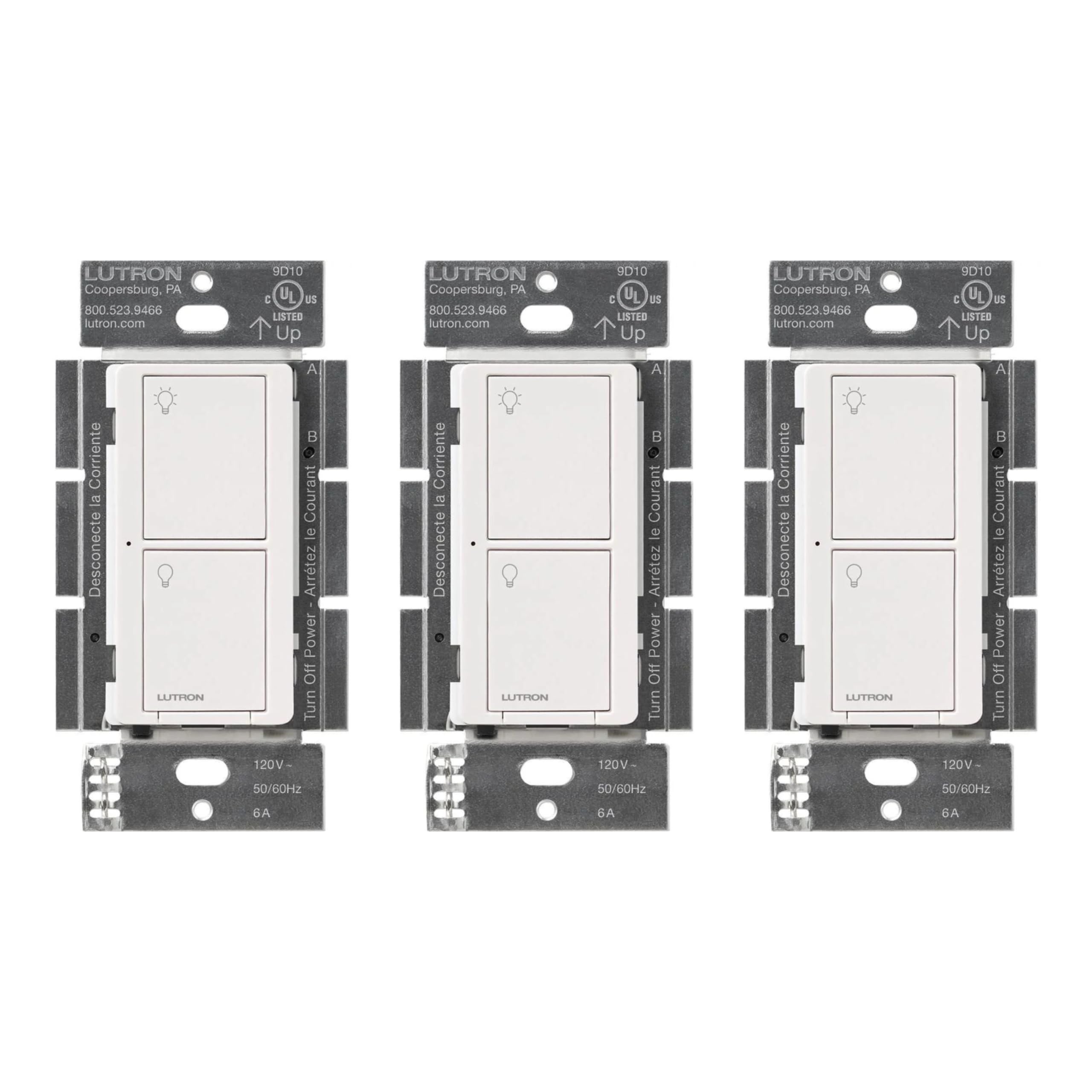 Lutron Caseta Original Smart Light Switch (Lutron Smart Hub Required), for Home, LED Lights, and Fans, 6 Amp, Single-Pole/3-Way, Neutral Required, PD-6ANS-WH 3 Pack, White White 3 Pack Smart Switch