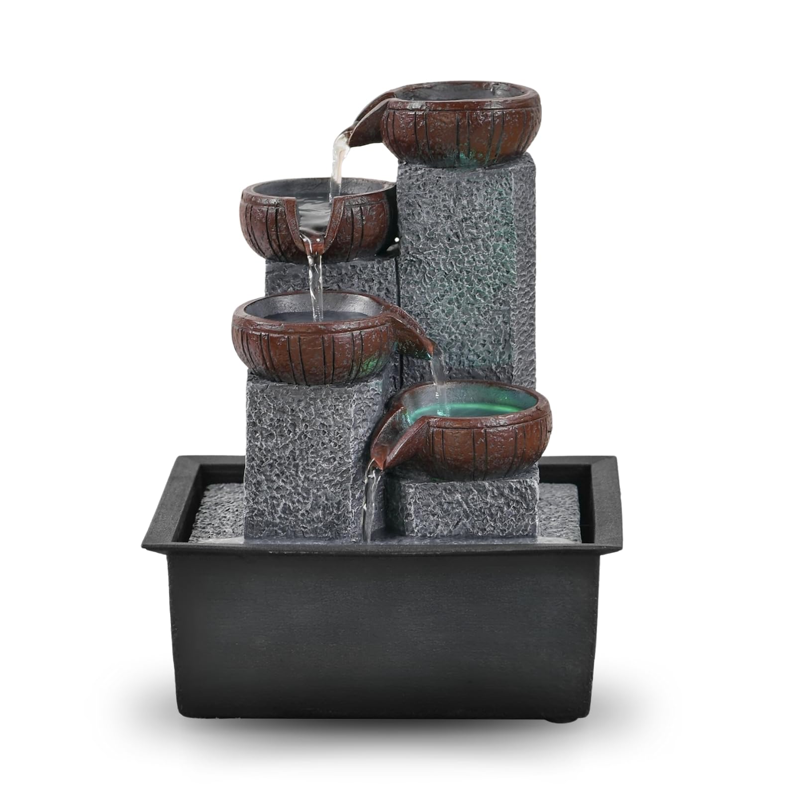 Fuente de Interior Cascada 4 Niveles jarro Efecto Piedra Natural luz LED Colorida, decoración Interior Zen y Elegante, Fuente de Mesa, Idea de Regalo excepcional, Altura 21 cm – Bkasi Zen'Light