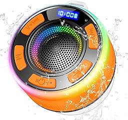Shower Bluetooth Speaker IPX7 Waterproof, Portable Bluetooth Speakers with Suction Cup and Time Display, Crystal Sound&Bass LED Light 1100mAh, Wireless Shower Speaker for Outdoor/Kayak/Gifts Orange