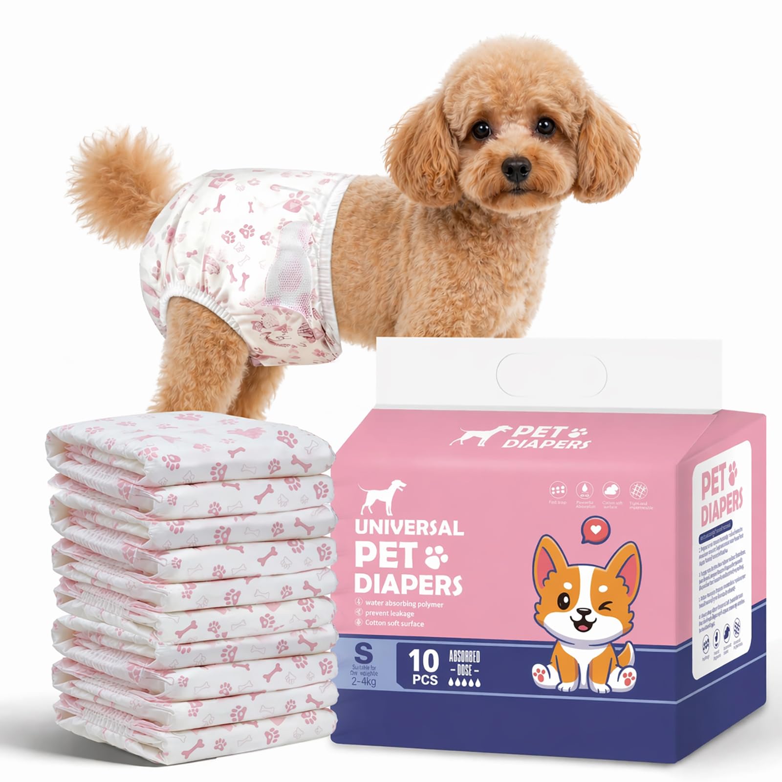 10 Pack Dog Nappies Female, Disposable Dog Period Pants, Absorbent and Leakproof, Dog Diapers Female, for Girl Dogs in Season, Heat, Incontinence (XS)