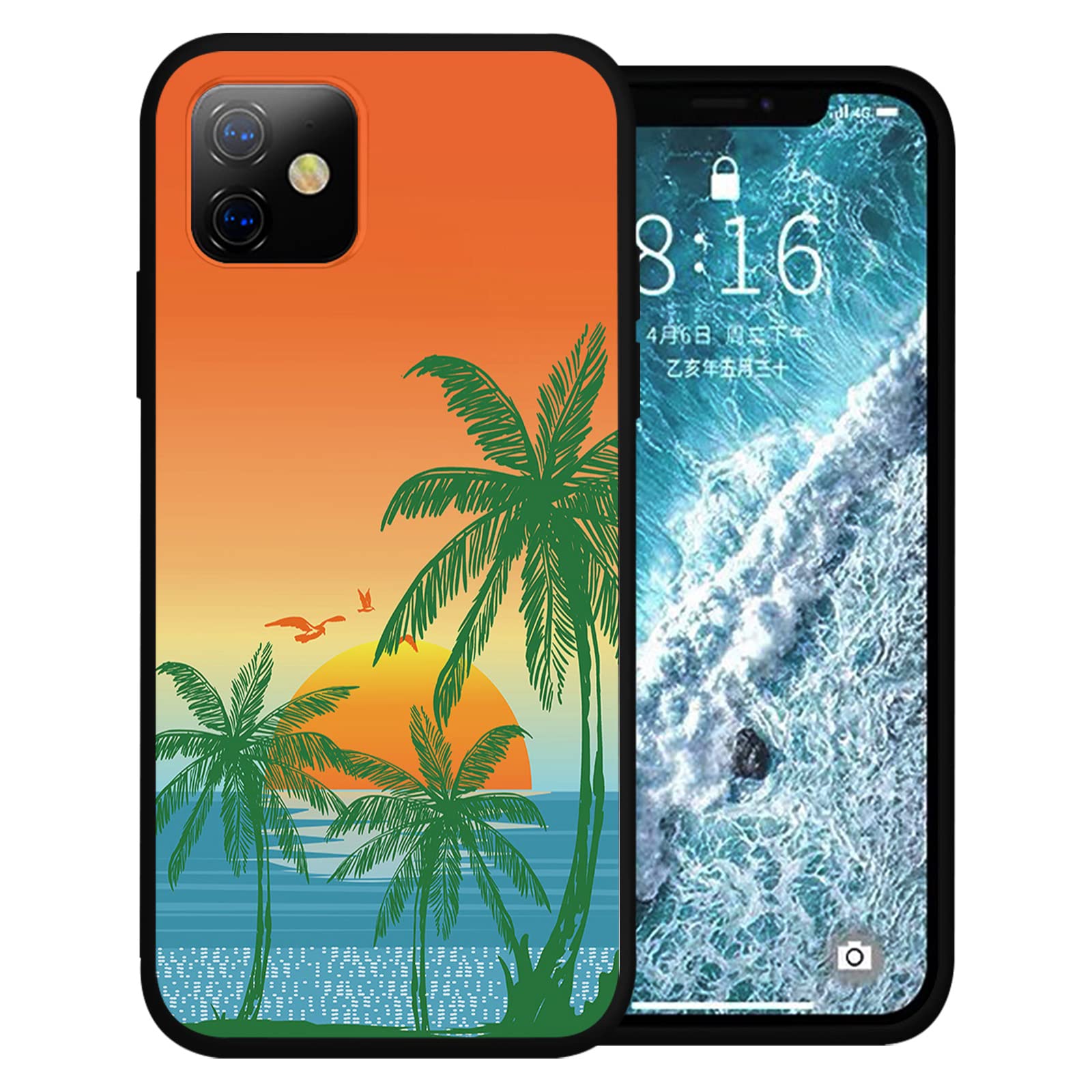Compatible with iPhone 14 Pro Case 6.1 inch, Coastal Beach Ocean Sunset Tropical Coconut Tree Scenery Phone Case Ultra Slim Silicone Cover Anti-Scratch Shockproof Protective Rubber Case