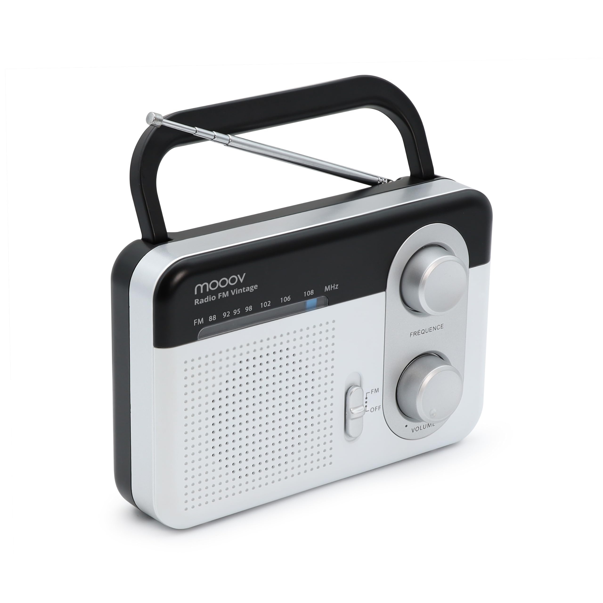 METRONIC 477220 Radio à Piles Portable Fm Grandes Ondes avec Sortie Casque et Poignée de Transport Rabattable- Transistor Alimentation Pile ou Secteur - Look Vintage - Noir Et Blanc