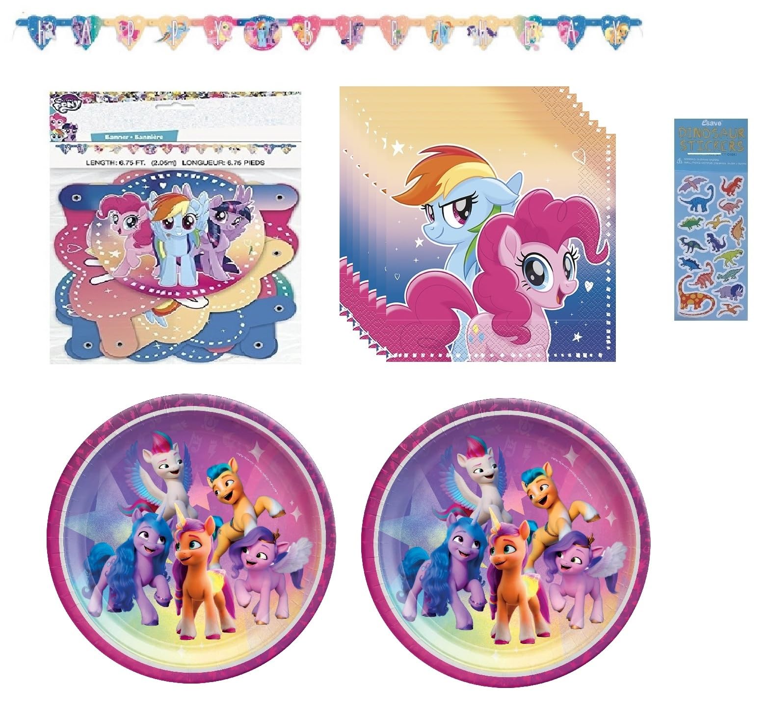 My Little Pony Birthday Party Supplies Bundle Pack for 16 includes 16 Plates, 16 Napkins, 1 Happy Birthday Banner, 1 Dinosaur Sticker Sheet