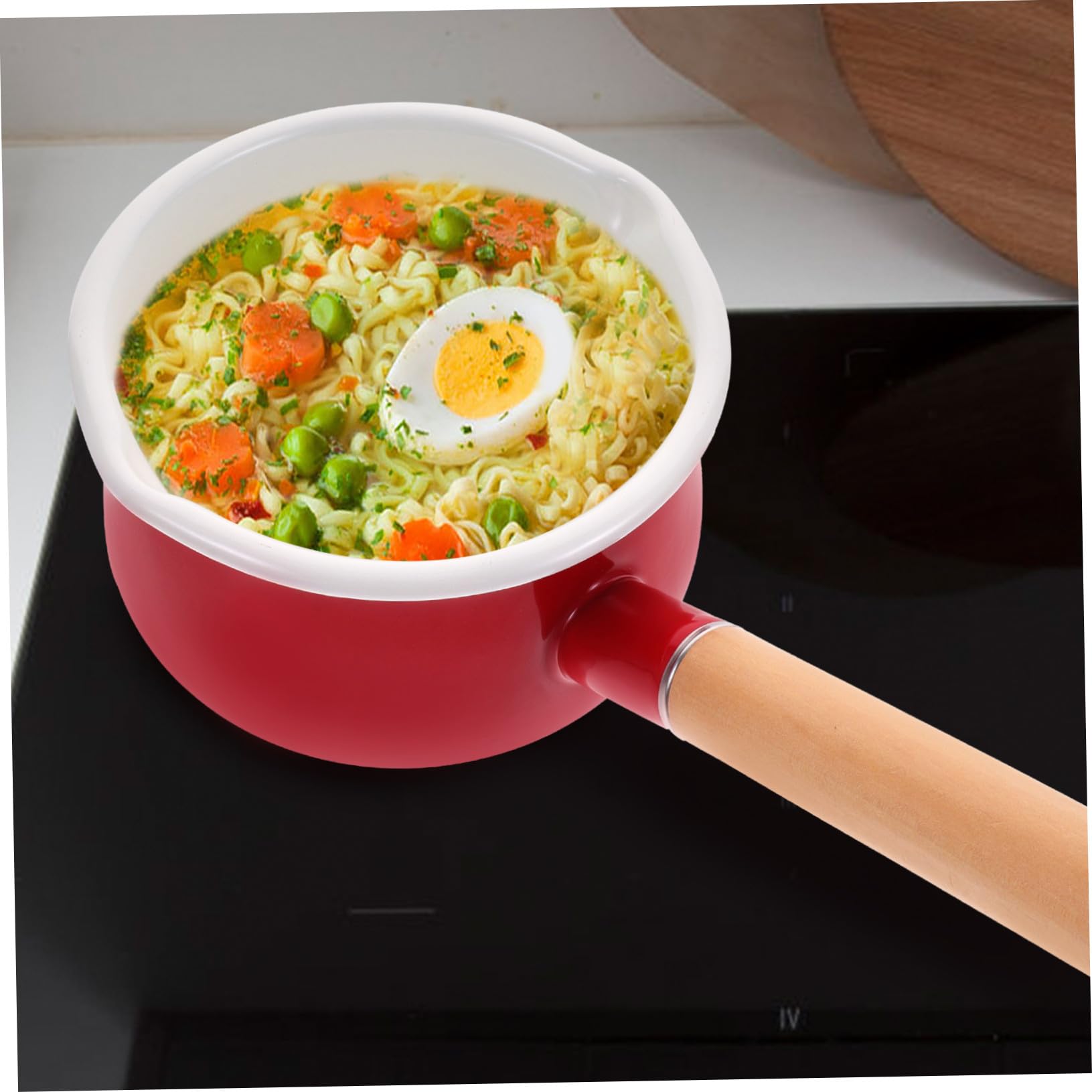 ULTECHNOVO Pentola Pentolino Antiaderente Piccola Smaltata Rossa Manico in Legno Facile da Pulire per Cucinare Latte e Zuppe in Cucina