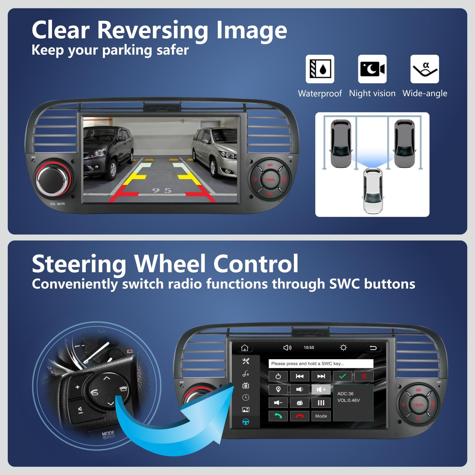 Doppel-DIN-Autoradio kompatibel mit drahtlosem Carplay Android Auto für FIAT 500 2007-2015-Zoll IPS Bluetooth/FM/AM Radio/USB/EQ (Schwarz)