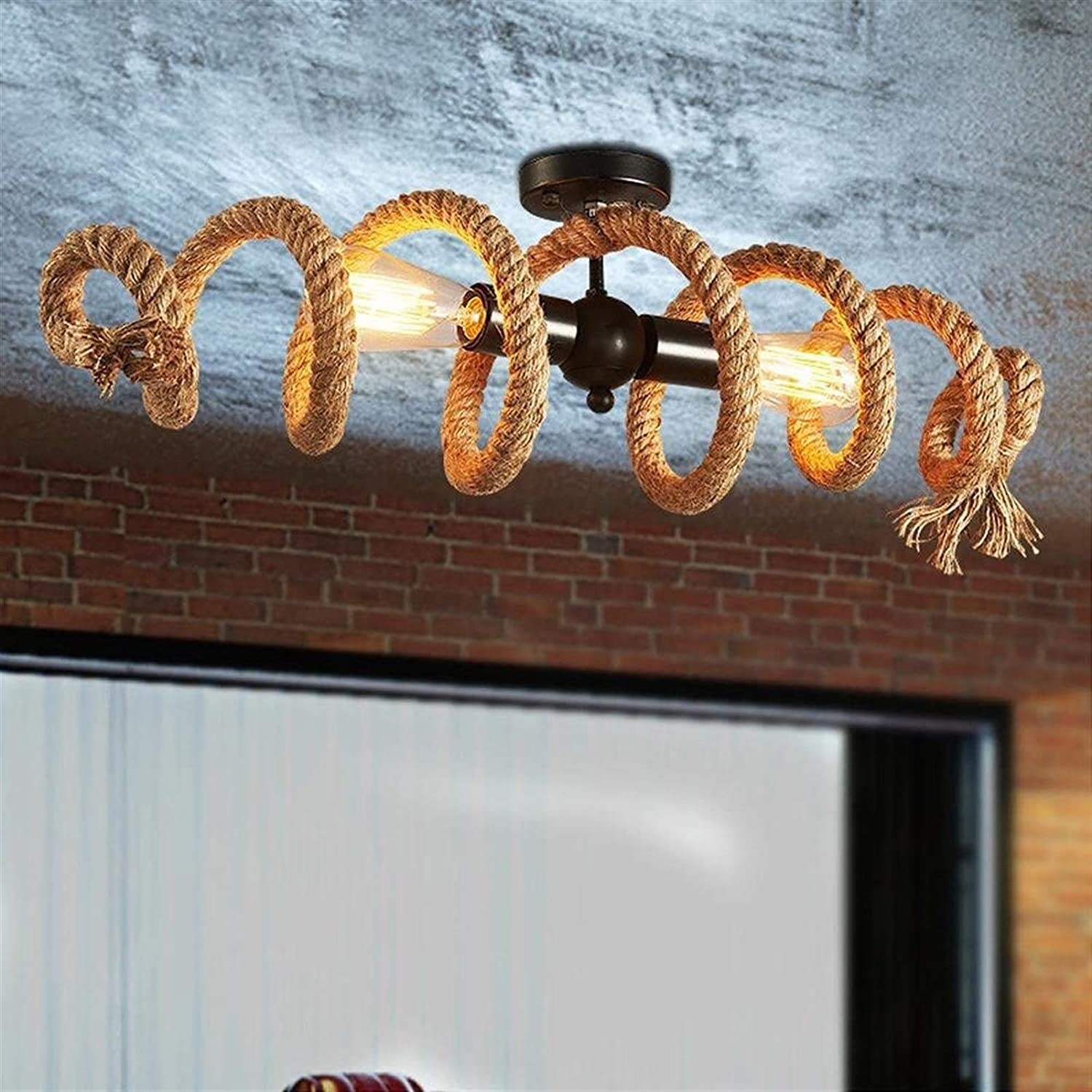 Vintage Hemp Rope Chandelier Industrial Decor Rope Ceiling Lamp, Rustic Ceiling Light with Cage Pendant Light Dining Table Hanging Lamp Handwoven Ceiling Lamp Interesting