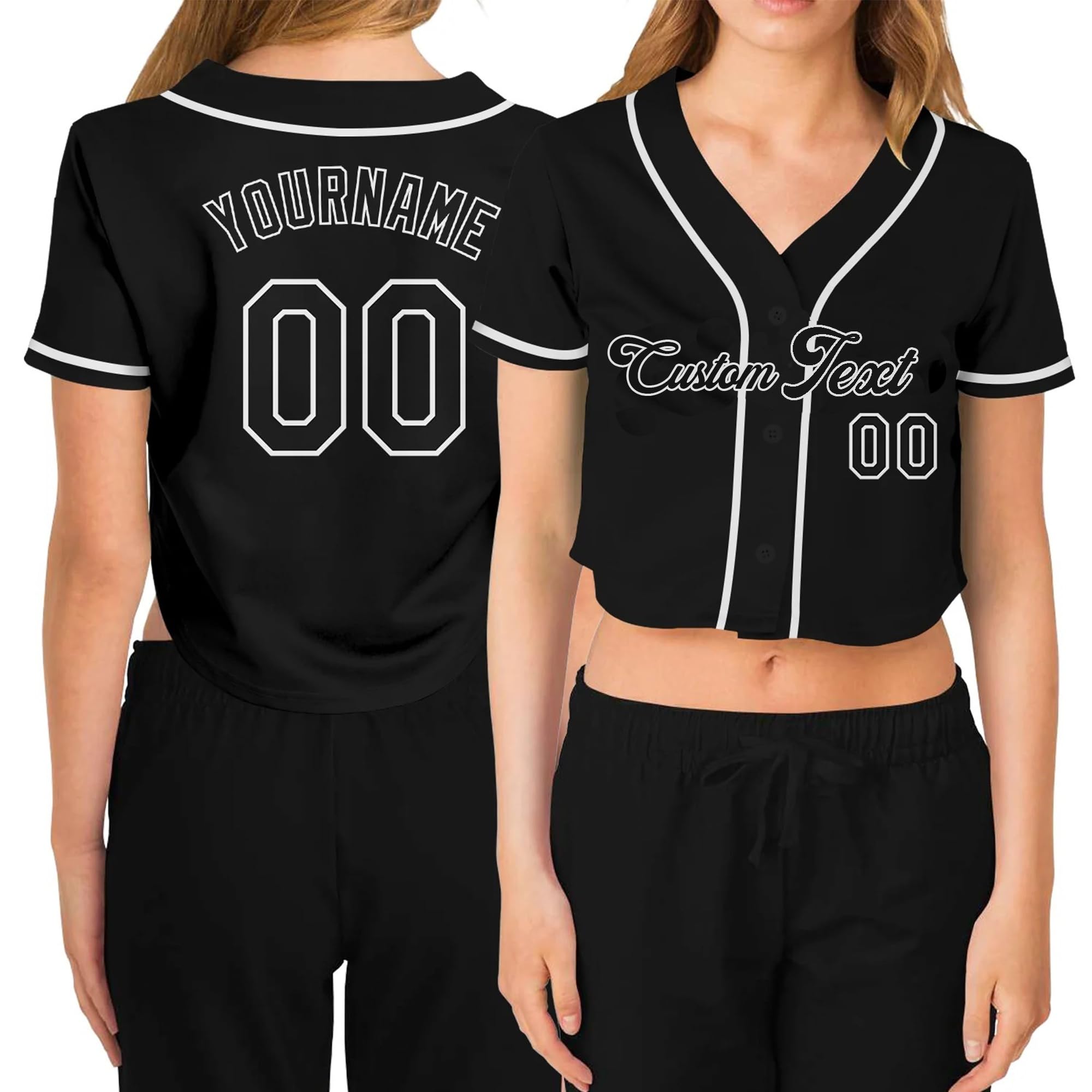 Custom Women's Cropped Baseball Jersey,Personalized Crop Top Button Down T-Shirts Short Sleeve V-Neck Blouse Button Up Jersey