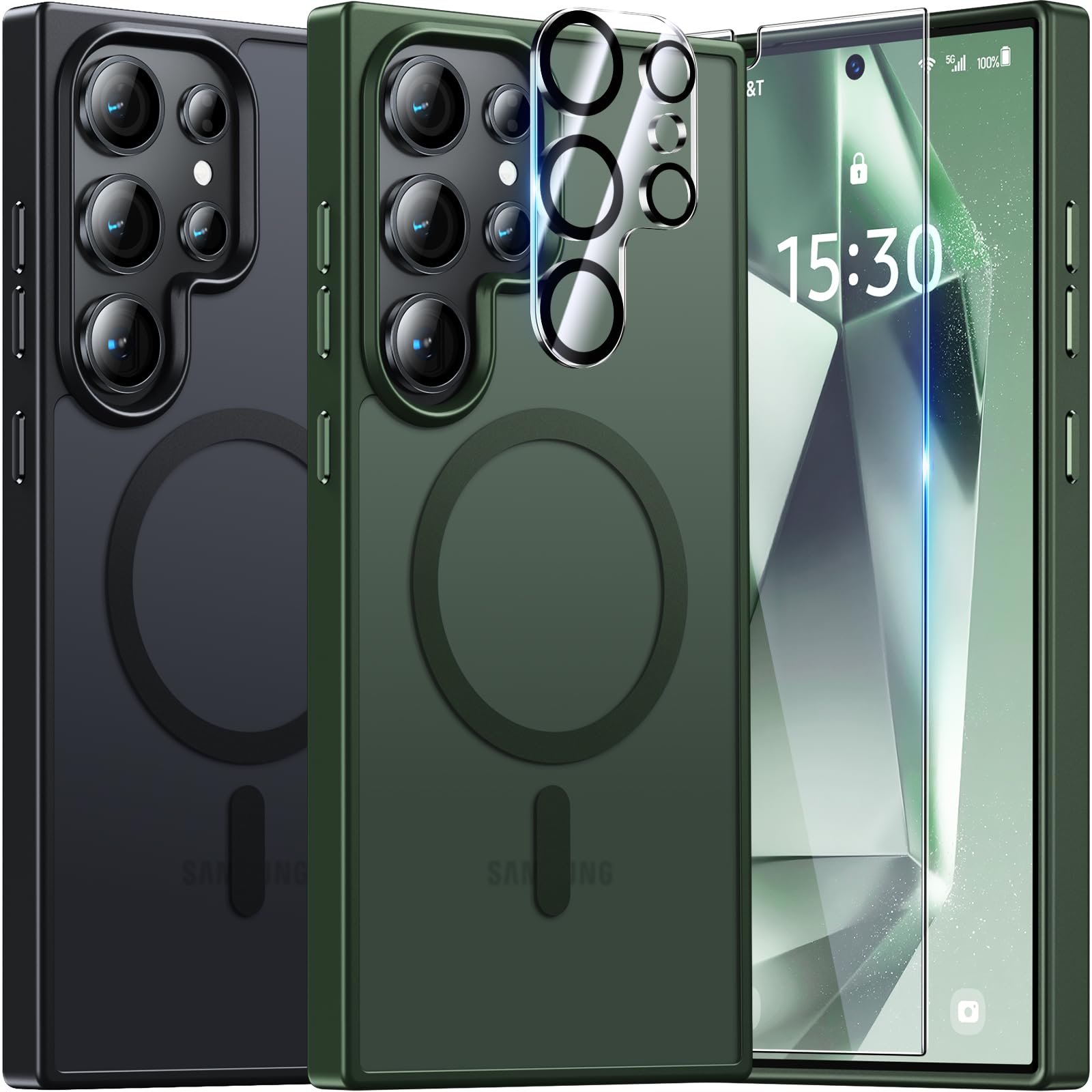 UniqueMe für Samsung Galaxy S24 Ultra Hülle, 5-in-1-Set Handyhülle für Samsung Galaxy S24 Ultra Case Rundumschutz Schutzhülle Cover,1 Handyhülle & 2 Schutzfolie & 2 Kameraschutz - Matt Grün