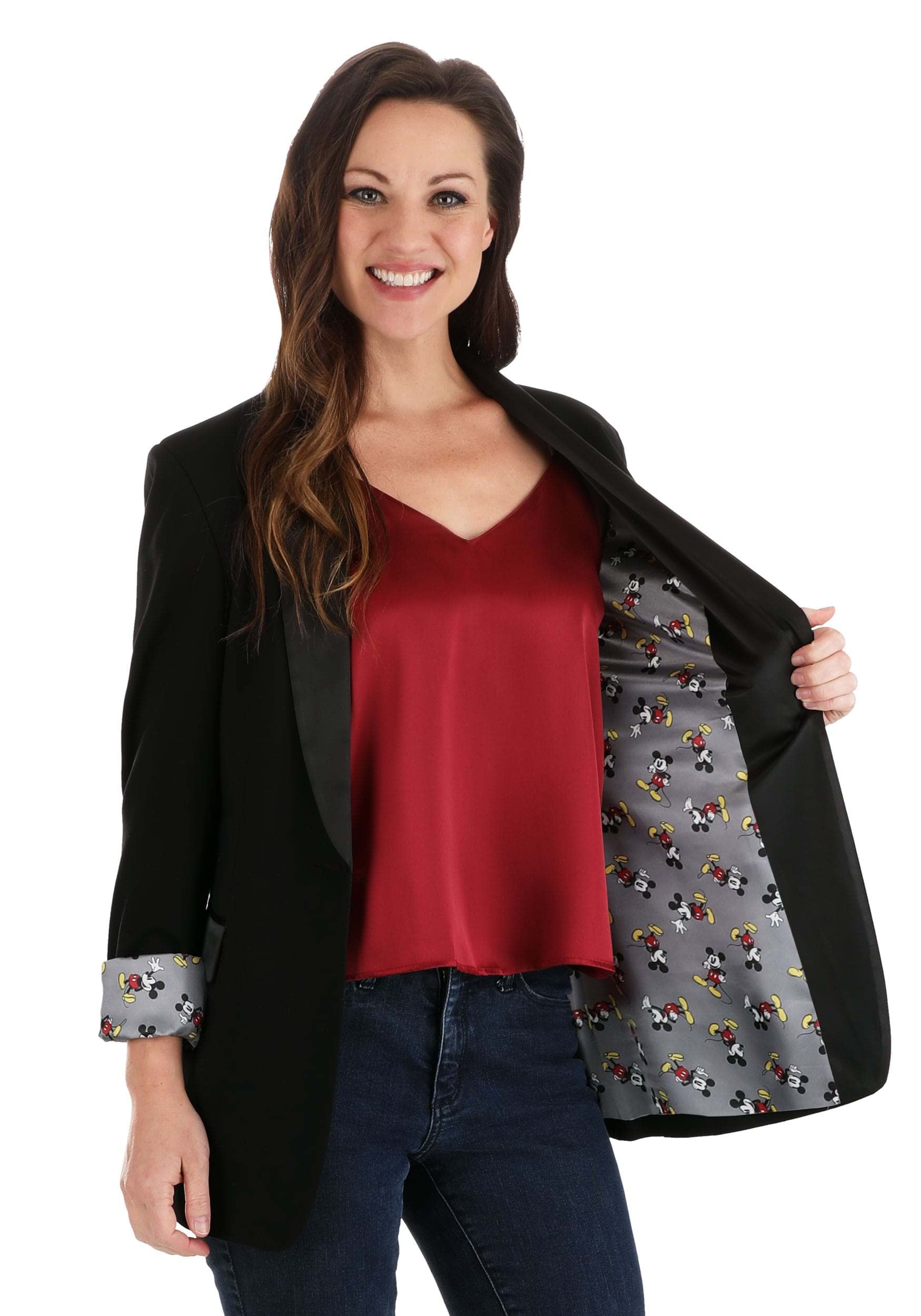Womens Disney Mickey Mouse Blazer Black Suit Jacket with Satin Shawl Collar All-Over Print Lining Officially Licensed