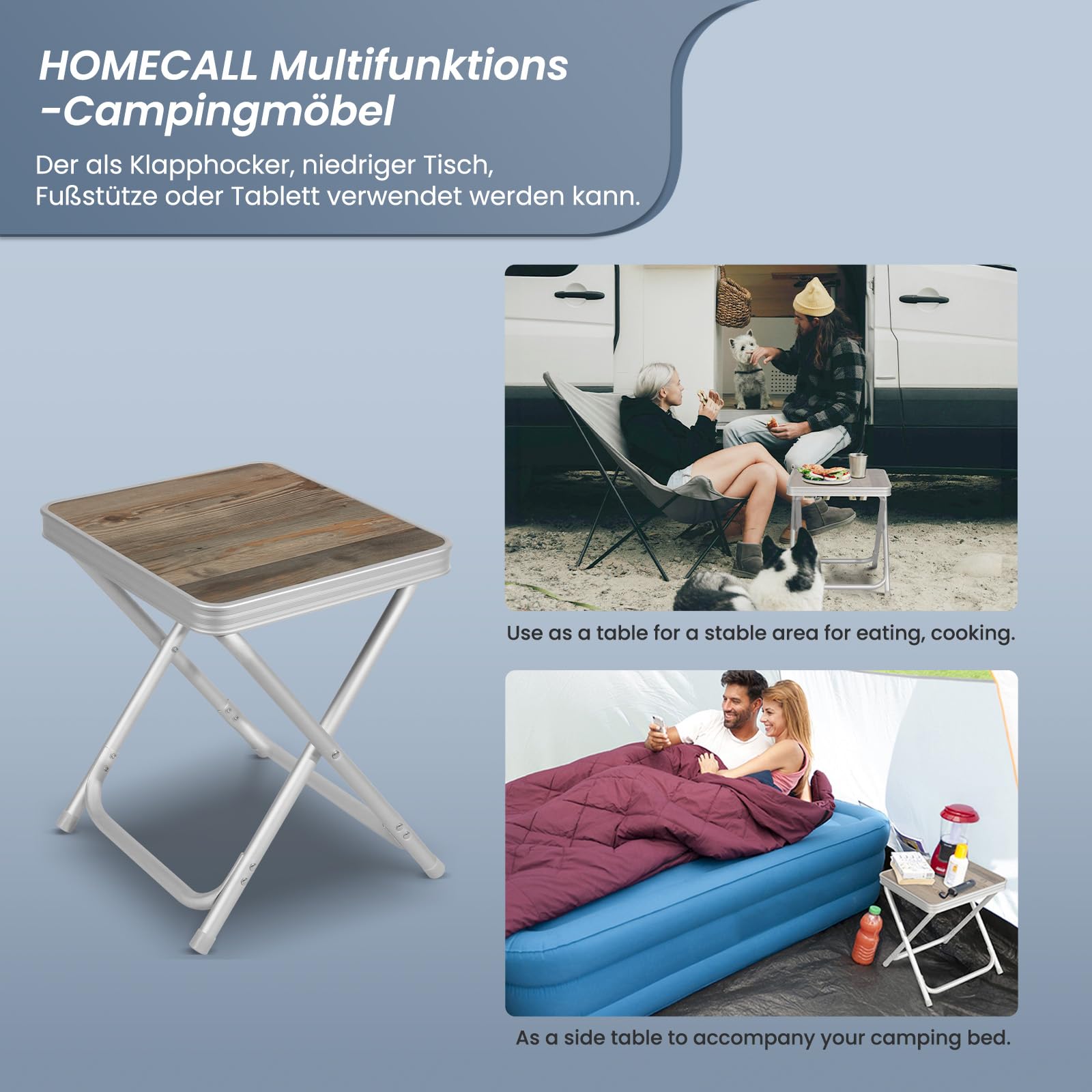 Homecall 2 IN 1 Campinghocker Faltbar mit Tischplatte MDF - Campingtisch Klappbar Klapptisch Gartenhocker - Fußhocker Outdoor für Garten, Camping, Angeln, Picknick, RV (Grau Hocker mit MDF-Platten)
