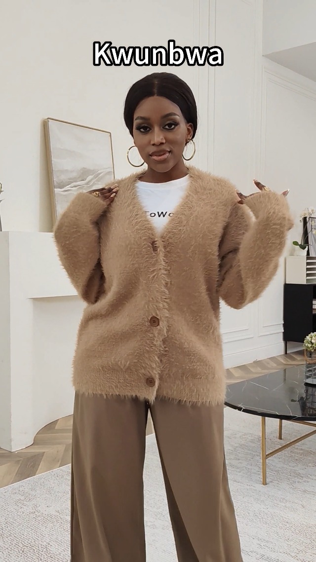 Kwunbwa Womens Fuzzy Cardigan Sweaters V Neck Long Sleeve Button