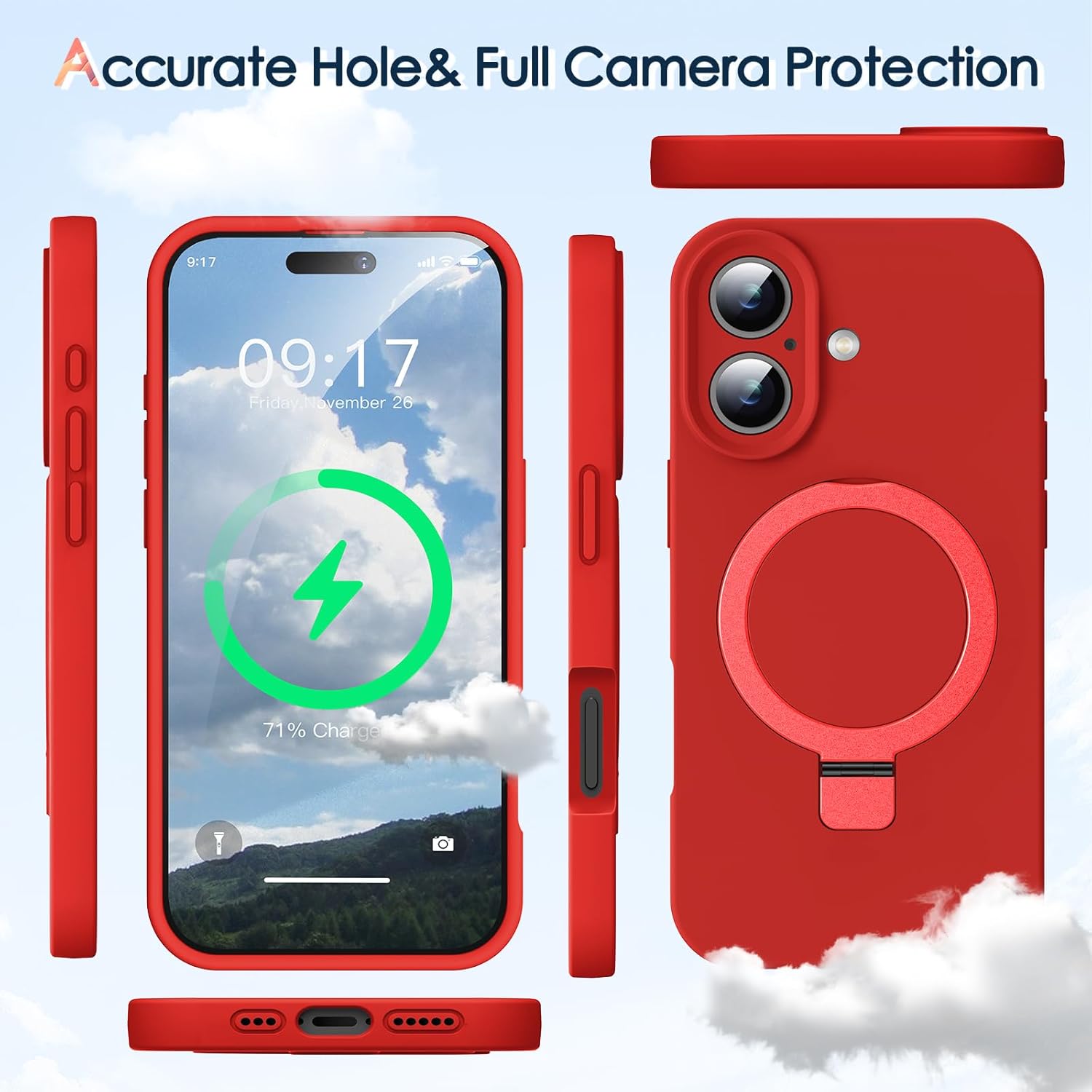 Designed for iPhone 17 Case with Magnetic Invisible Stand, [Compatible with Mag-Safe][Full Camera Protection]Liquid Silicone Shockproof Phone Case Cover with Anti-Scratch Microfiber Lining, Red