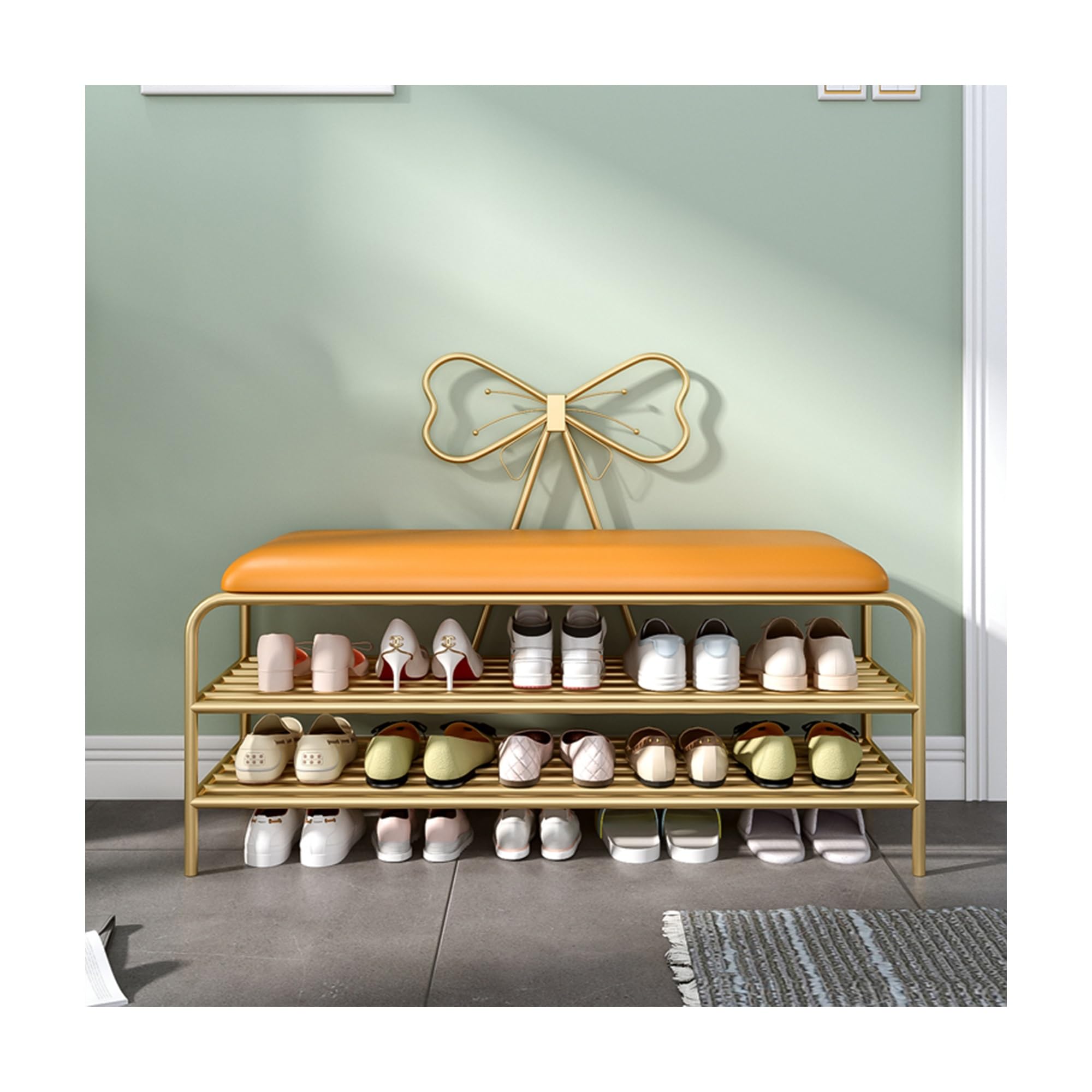 Meuble à chaussures fin pour entrée design orange avec coussin confort et double rangement