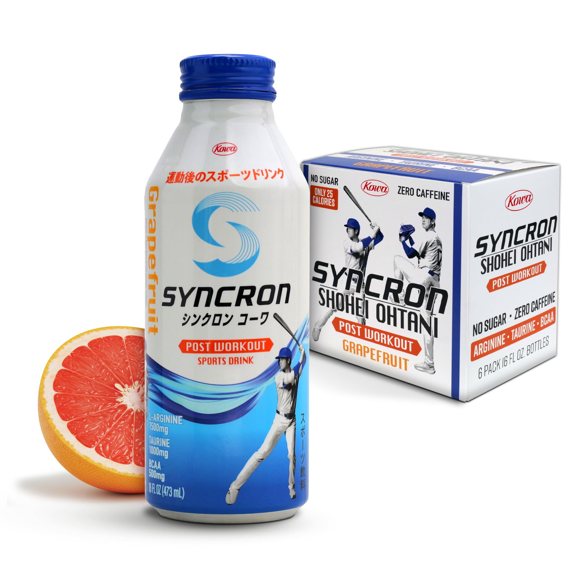 Bebida deportiva post-entrenamiento Syncron, recomendada por Shohei Ohtani, hidratación electrolítica sin azúcar, envasada en aluminio, taurina, L-arginina y BCAA para atletas, sabor a pomelo, paquete de 6, 473 ml (16 oz)