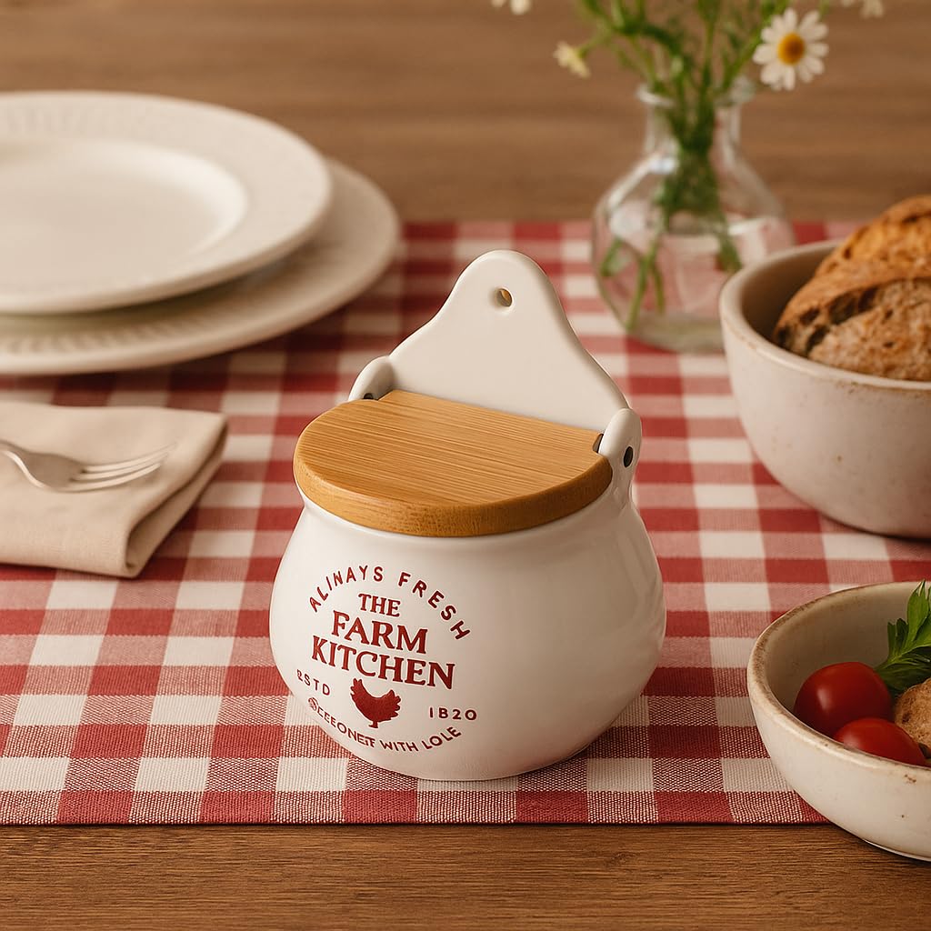 Saliera in ceramica bianca con coperchio in legno, 12 cm, barattolo per sale e spezie per la cucina e il riposo a parete