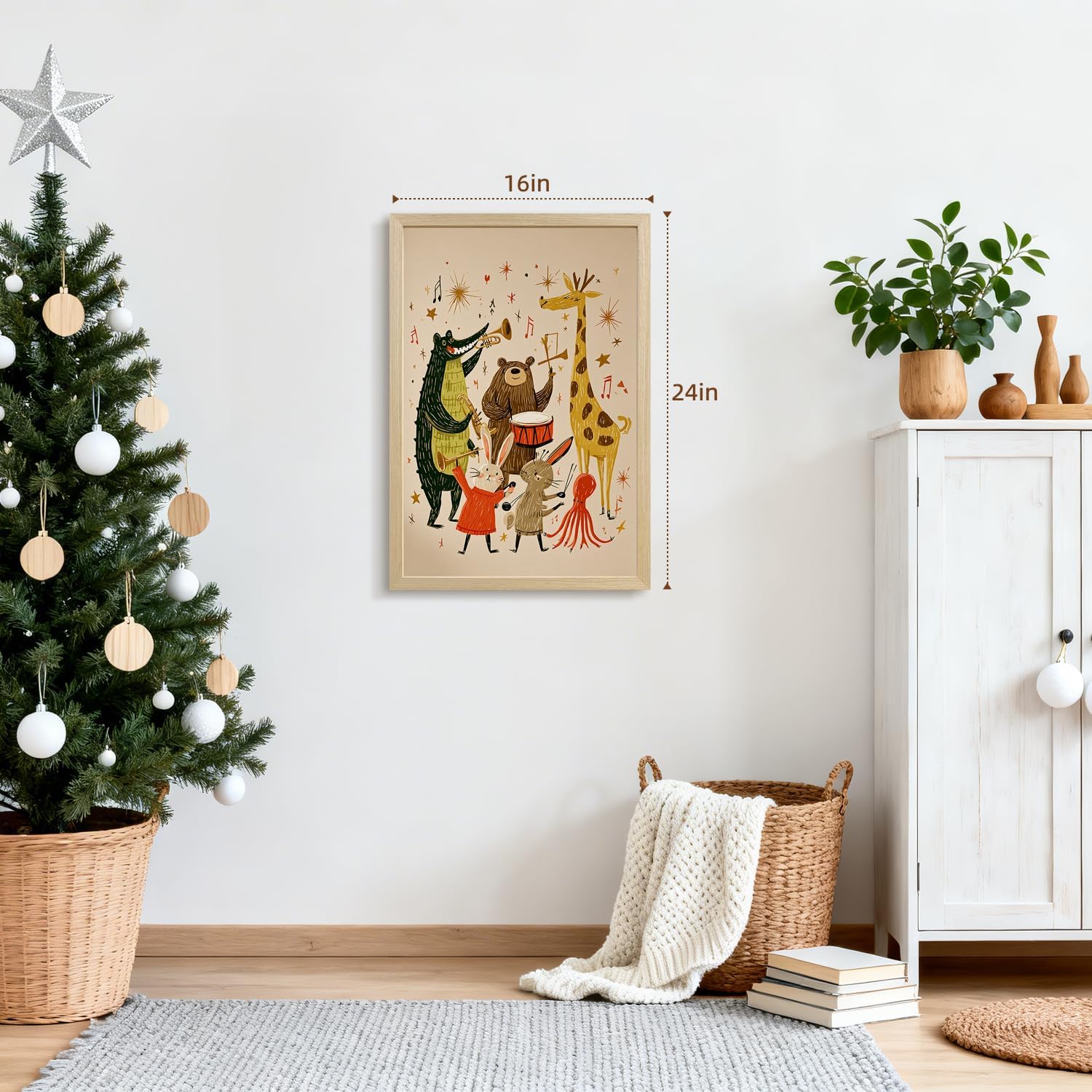 EisEver Wood Framed Kids Music Animal Band Wall Art, Cute Cartoon Animal Canvas Painting, Bear Giraffe Crocodile Bunny Wall Decor, Playful Nursery Poster Print for Baby Kids Room Playroom 12x16 Inch