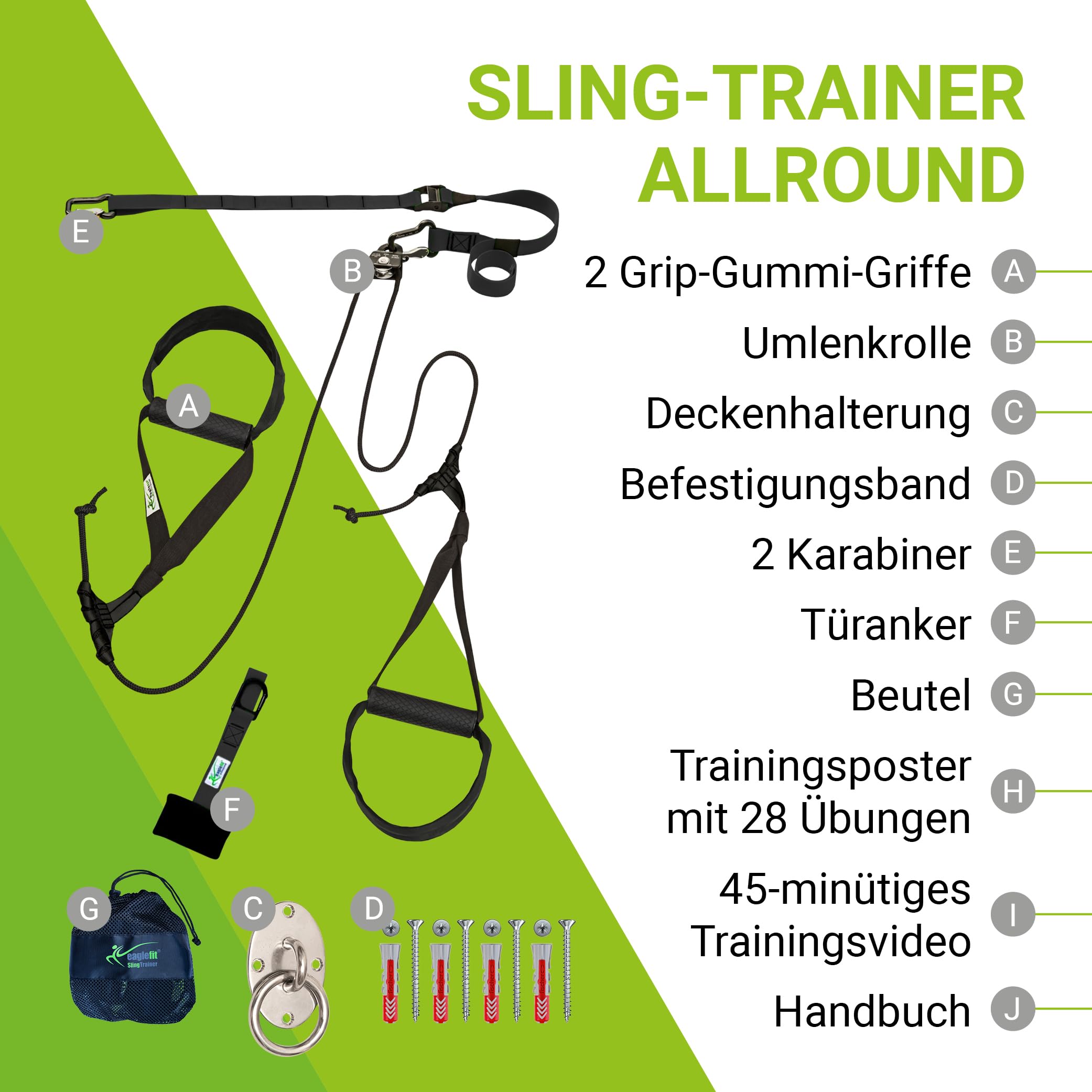eaglefit - Premium Sling Trainer „Allround“ - Schlingentrainer für Zuhause & Outdoor inkl. Türanker, Umlenkrolle, Deckenhalterung & Zubehör für Krafttraining & Muskelaufbau - Verstellbar 90-310 cm