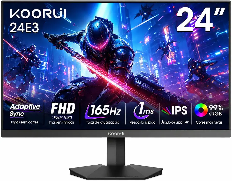 Monitor Gamer Koorui 24E3 24" IPS Full HD 1080p 165Hz 1ms Adaptive Sync (Compatível FreeSync/G-Sync) HDMI e DisplayPort sRGB 99% Ajuste de Inclinação Bivolt Suporte VESA Preto