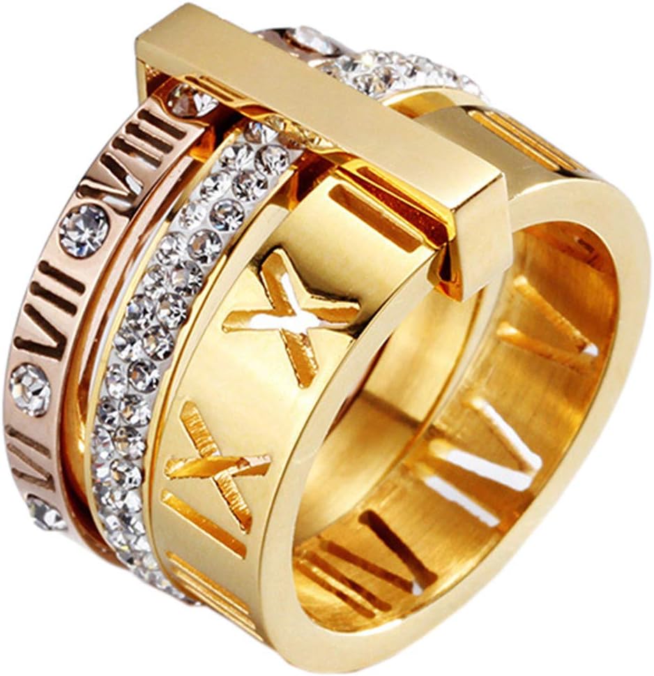 PAMTIER Women's Stainless Steel with Zirconia Roman Numerals 3 in 1 Ring